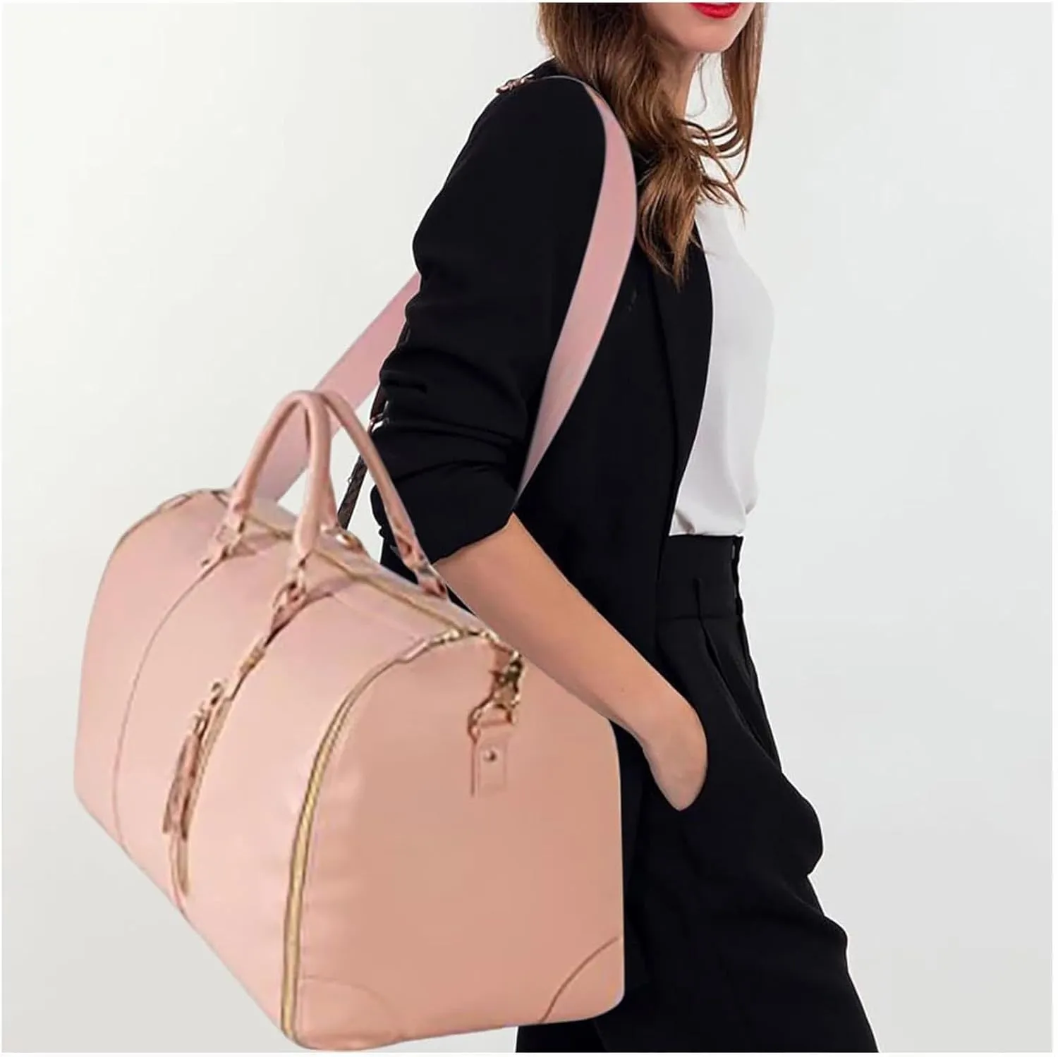 Leather Suit Bag for Travel Man Women Folding Garment Bag Luggage Duffels Bag for Jackets Shoes Weekends Bag Organizers Leather Bag-Pink