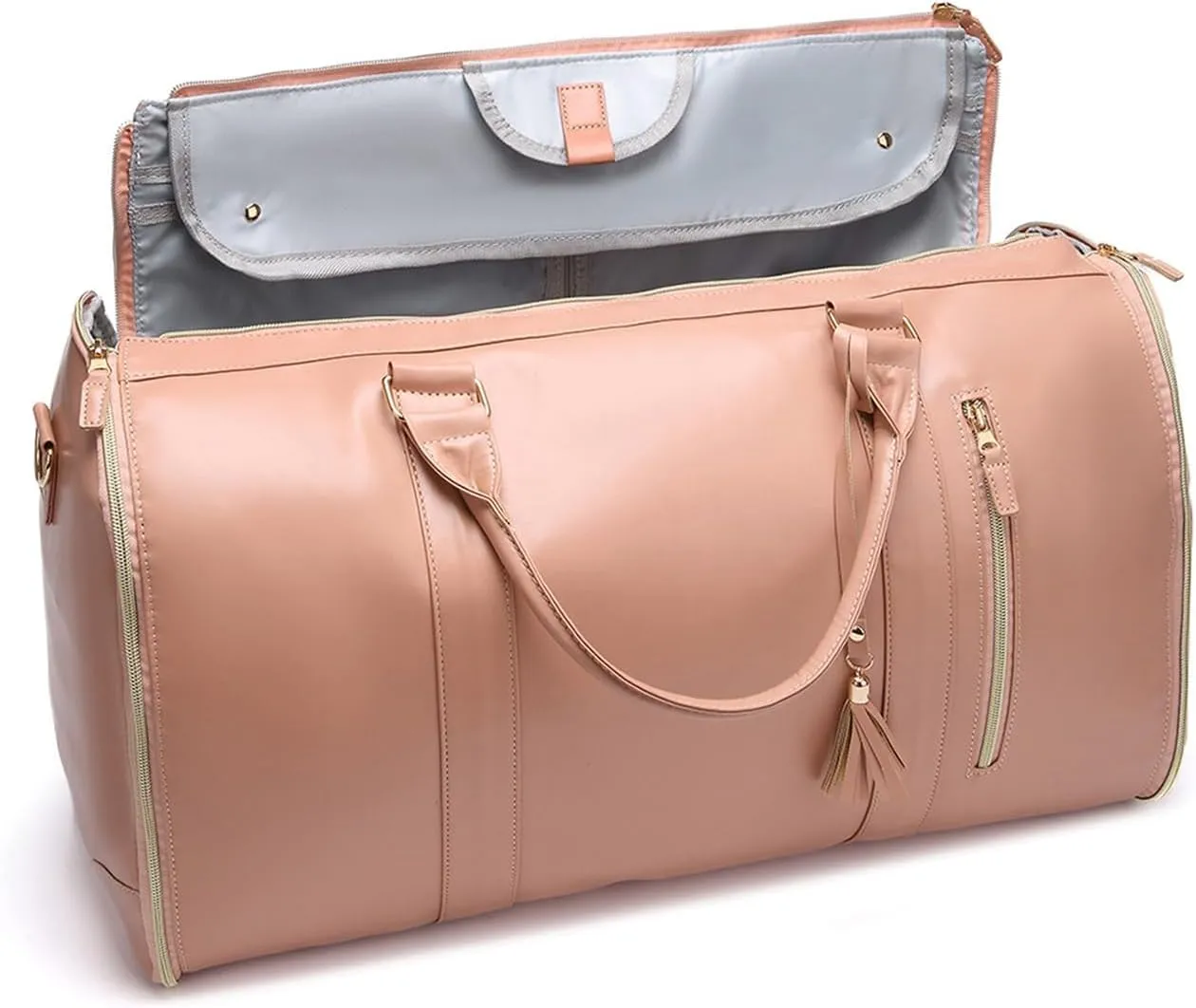 Leather Suit Bag for Travel Man Women Folding Garment Bag Luggage Duffels Bag for Jackets Shoes Weekends Bag Organizers Leather Bag-Pink