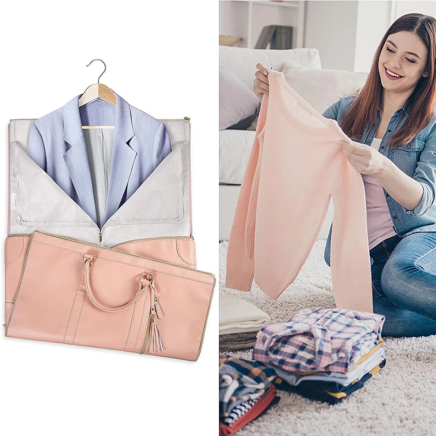 Leather Suit Bag for Travel Man Women Folding Garment Bag Luggage Duffels Bag for Jackets Shoes Weekends Bag Organizers Leather Bag-Pink
