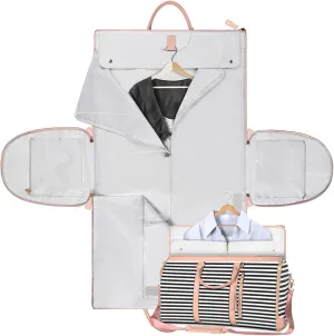 Leather Suit Bag for Travel Man Women Folding Garment Bag Luggage Duffels Bag for Jackets Shoes Weekends Bag Organizers Leather Bag-Pink&Brown
