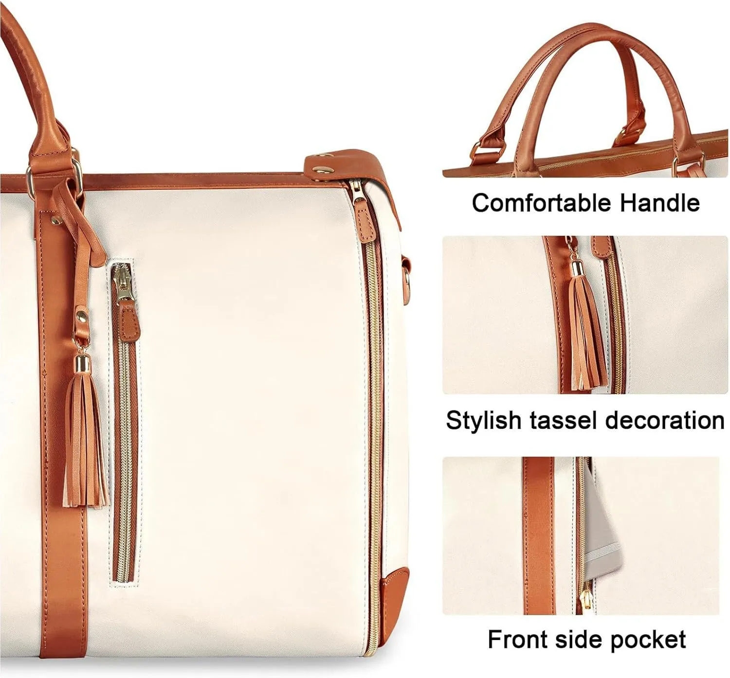 Leather Suit Bag for Travel Man Women Folding Garment Bag Luggage Duffels Bag for Jackets Shoes Weekends Bag Organizers Leather Bag-White