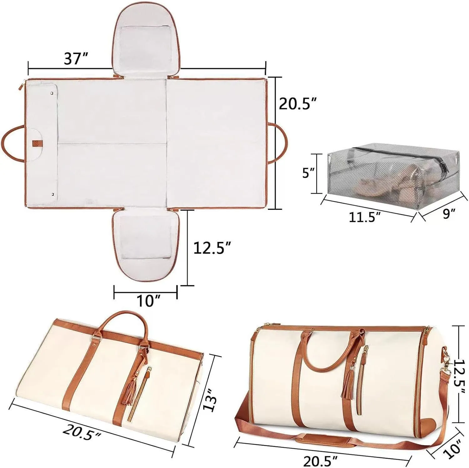Leather Suit Bag for Travel Man Women Folding Garment Bag Luggage Duffels Bag for Jackets Shoes Weekends Bag Organizers Leather Bag-White