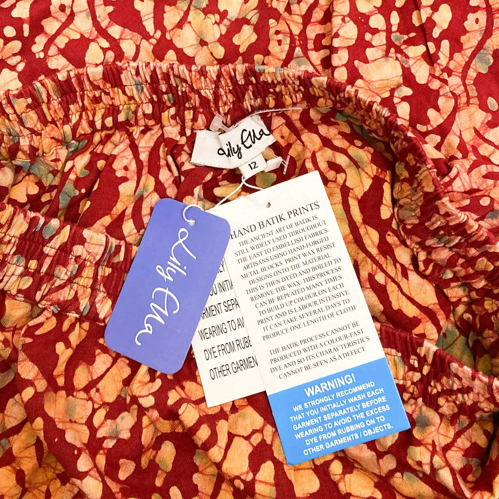 Lily Ella Red Batik Swirl Print Cotton Jersey Midi Skirt UK 12