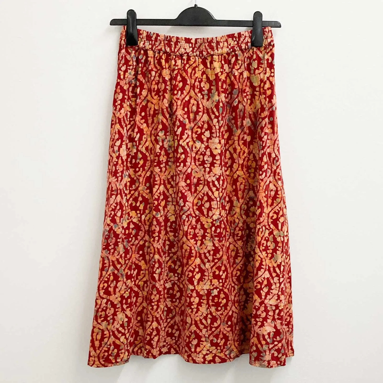 Lily Ella Red Batik Swirl Print Cotton Jersey Midi Skirt UK 12