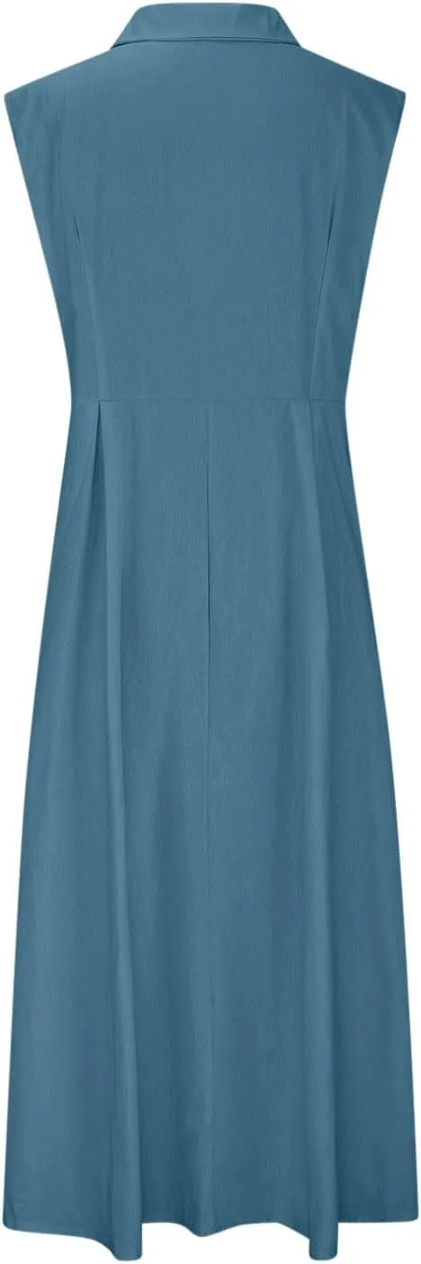Linen Dresses for Women 2025 Casual Maxi Dress Lightweight Sleeveless Button Down Dresses V Neck Summer Beach Dresses