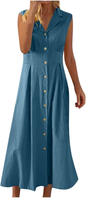 Linen Dresses for Women 2025 Casual Maxi Dress Lightweight Sleeveless Button Down Dresses V Neck Summer Beach Dresses