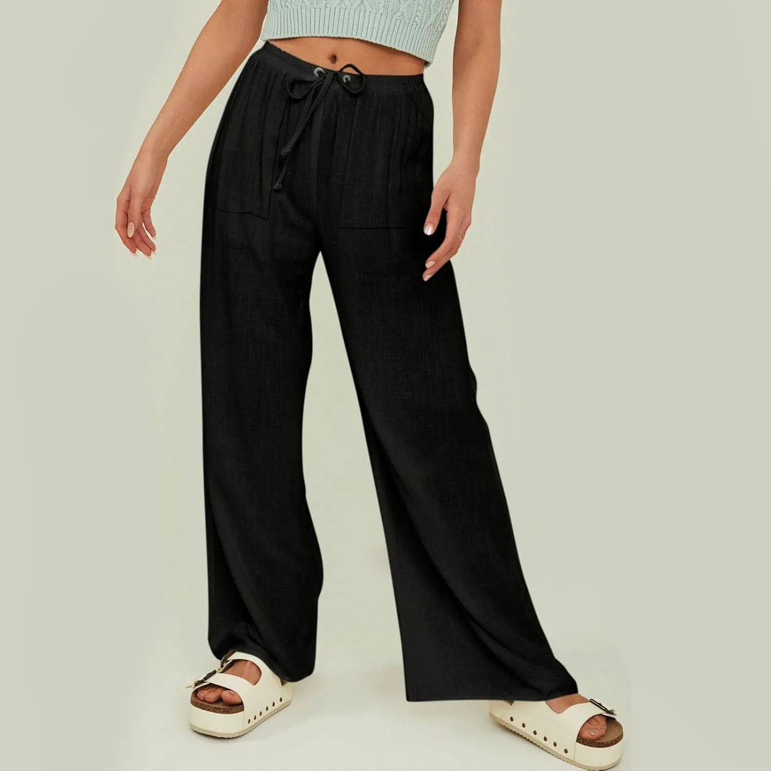 Linen Pants Women Summer Beachy Outfits 2025 Drawstring Palazzo with Pockets Lightweight Straight Leg Solid Flowy Sweatpants
