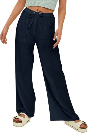 Linen Pants Women Summer Beachy Outfits 2025 Drawstring Palazzo with Pockets Lightweight Straight Leg Solid Flowy Sweatpants