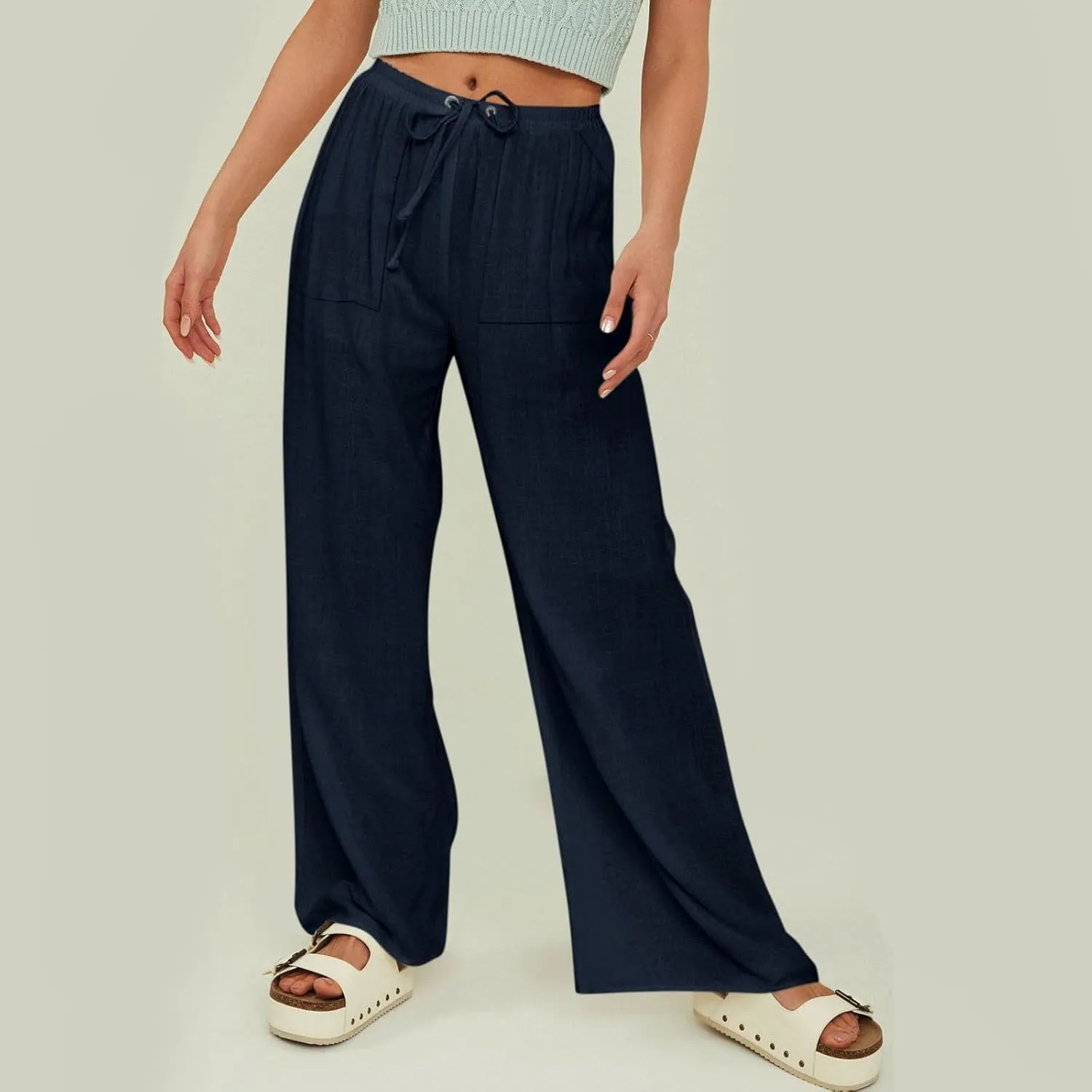 Linen Pants Women Summer Beachy Outfits 2025 Drawstring Palazzo with Pockets Lightweight Straight Leg Solid Flowy Sweatpants