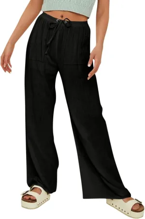 Linen Pants Women Summer Beachy Outfits 2025 Drawstring Palazzo with Pockets Lightweight Straight Leg Solid Flowy Sweatpants
