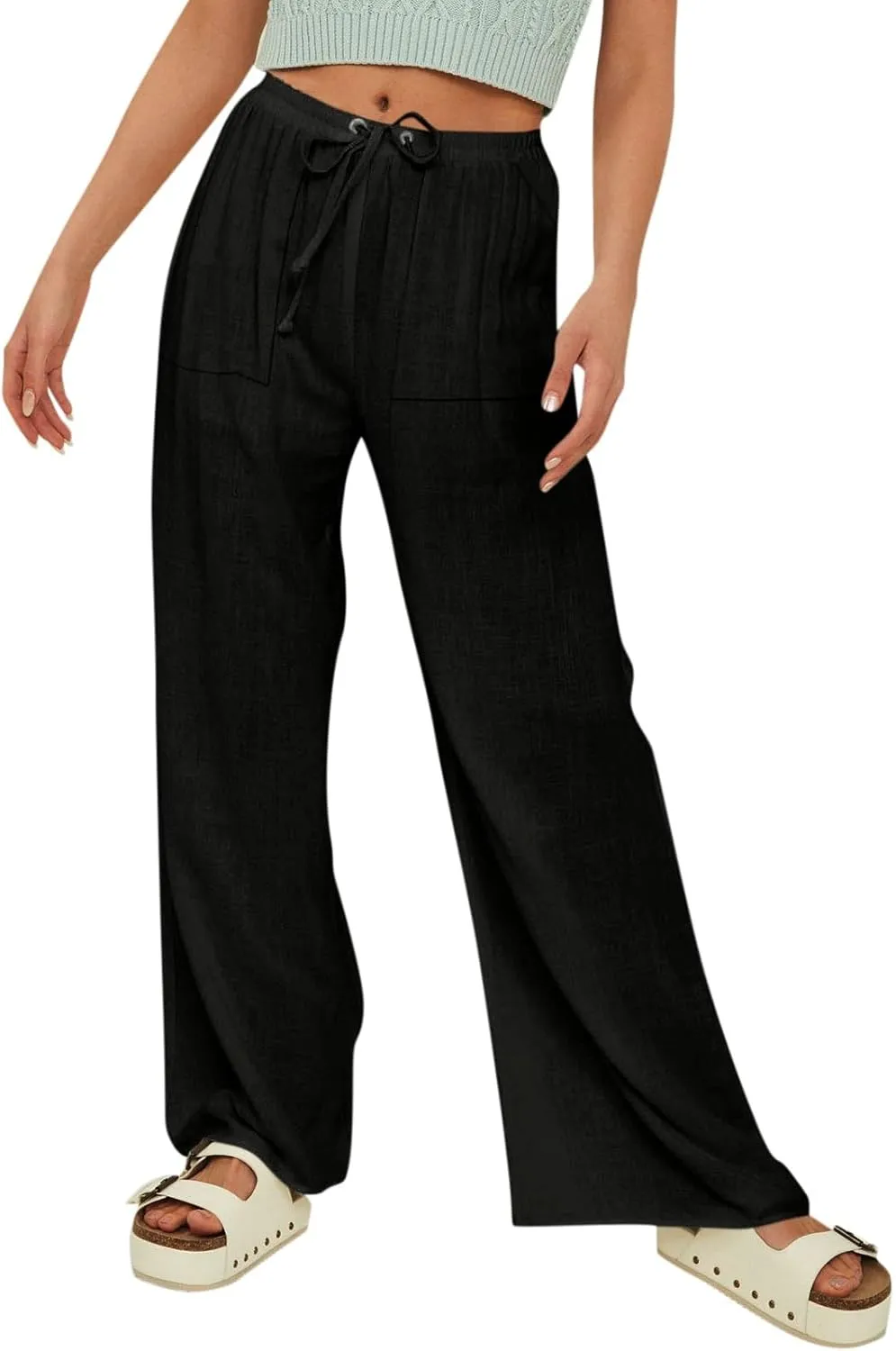 Linen Pants Women Summer Beachy Outfits 2025 Drawstring Palazzo with Pockets Lightweight Straight Leg Solid Flowy Sweatpants