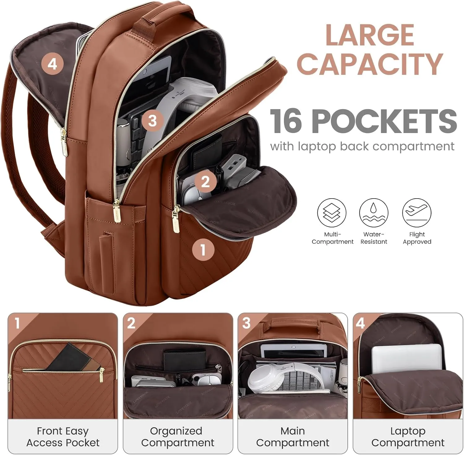 LOVEVOOK Leather Backpacks for Women,15.6 inch Leather Laptop Backpack Women Computer Backpack Laptop Bag,Stylish Quilted Travel Backpack Purse Work Bag College Teacher Backpacks with USB Port,Brown