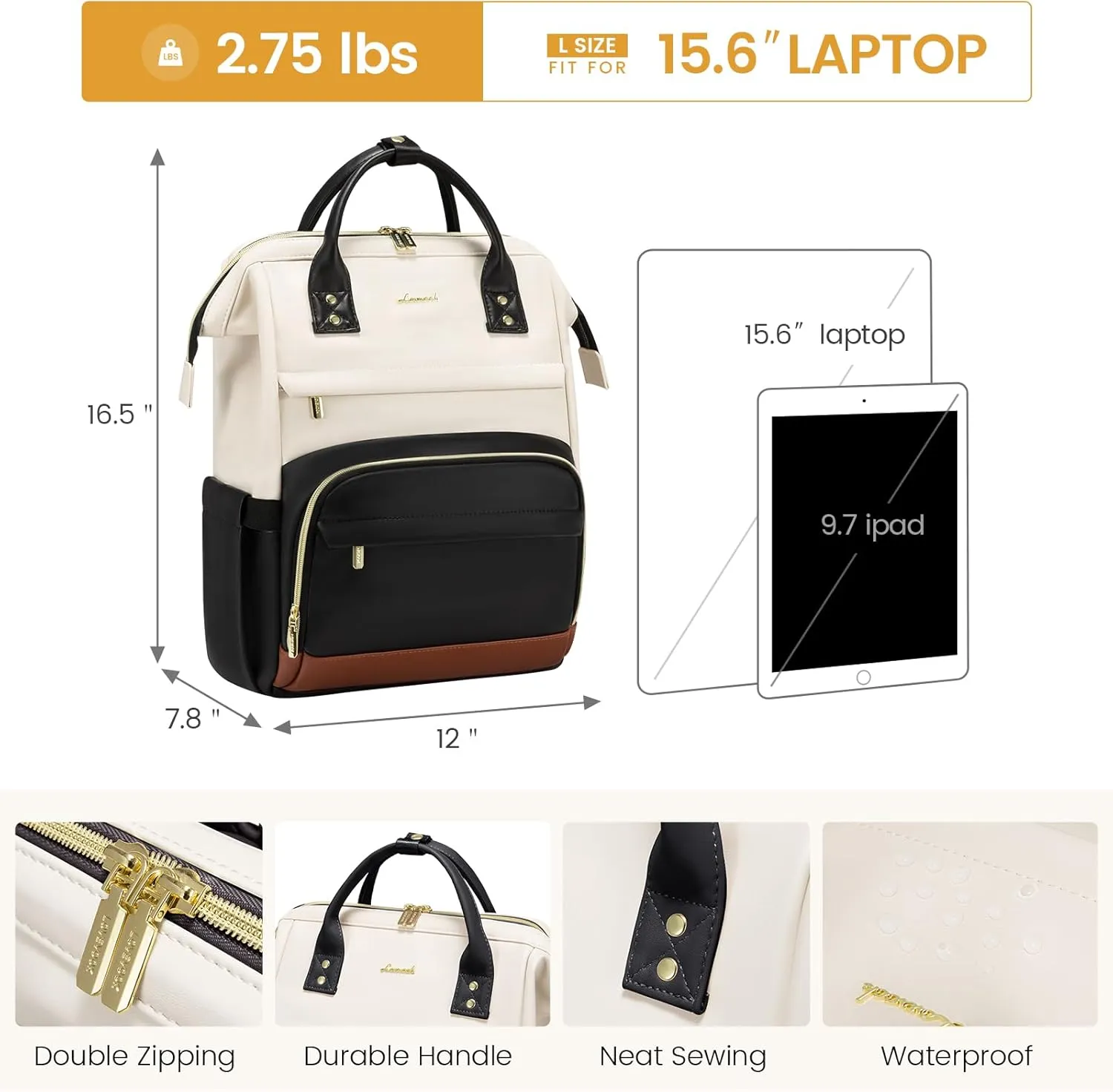 LOVEVOOK Leather Backpacks for Women,15.6 inch Leather Laptop Backpack Women,Professional Work Backpack Nurse College Teacher Bag,Womens Laptop Bag Computer Travel Backpacks,Beige White-Black-Brown