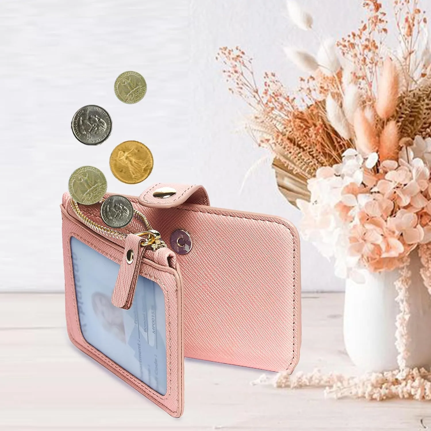 M-Plateau Card Cases, Leather Card & ID Cases,Practical Small Wallet for Women & Man with Credit Card Holder for Travelling (Light Pink)