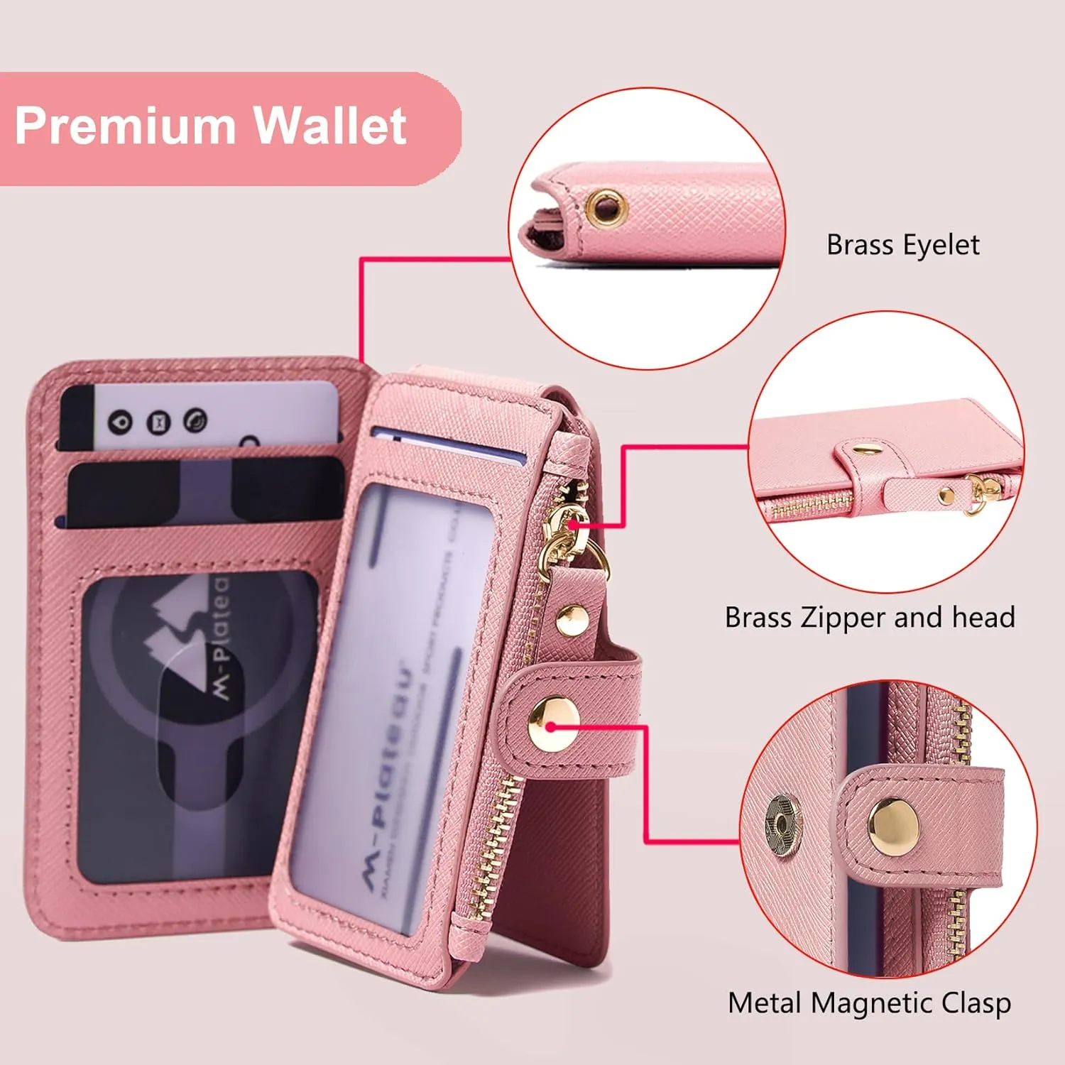M-Plateau Card Cases, Leather Card & ID Cases,Practical Small Wallet for Women & Man with Credit Card Holder for Travelling (Light Pink)