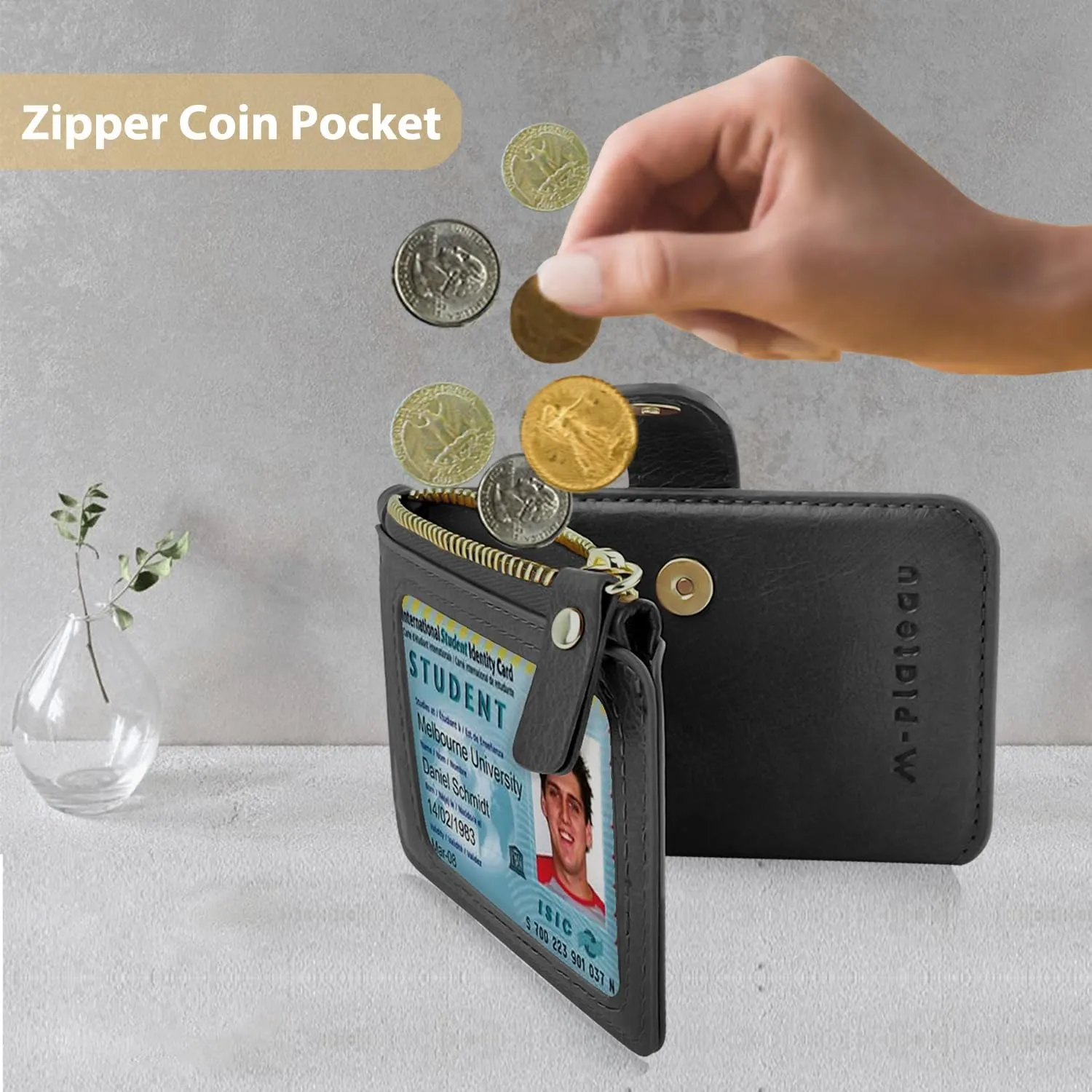 M-Plateau Women's Wallets, Leather Mini Wallet with Key Ring, Practical Small Wallet for Women & Man with Credit Card Holder for Travelling (Black)