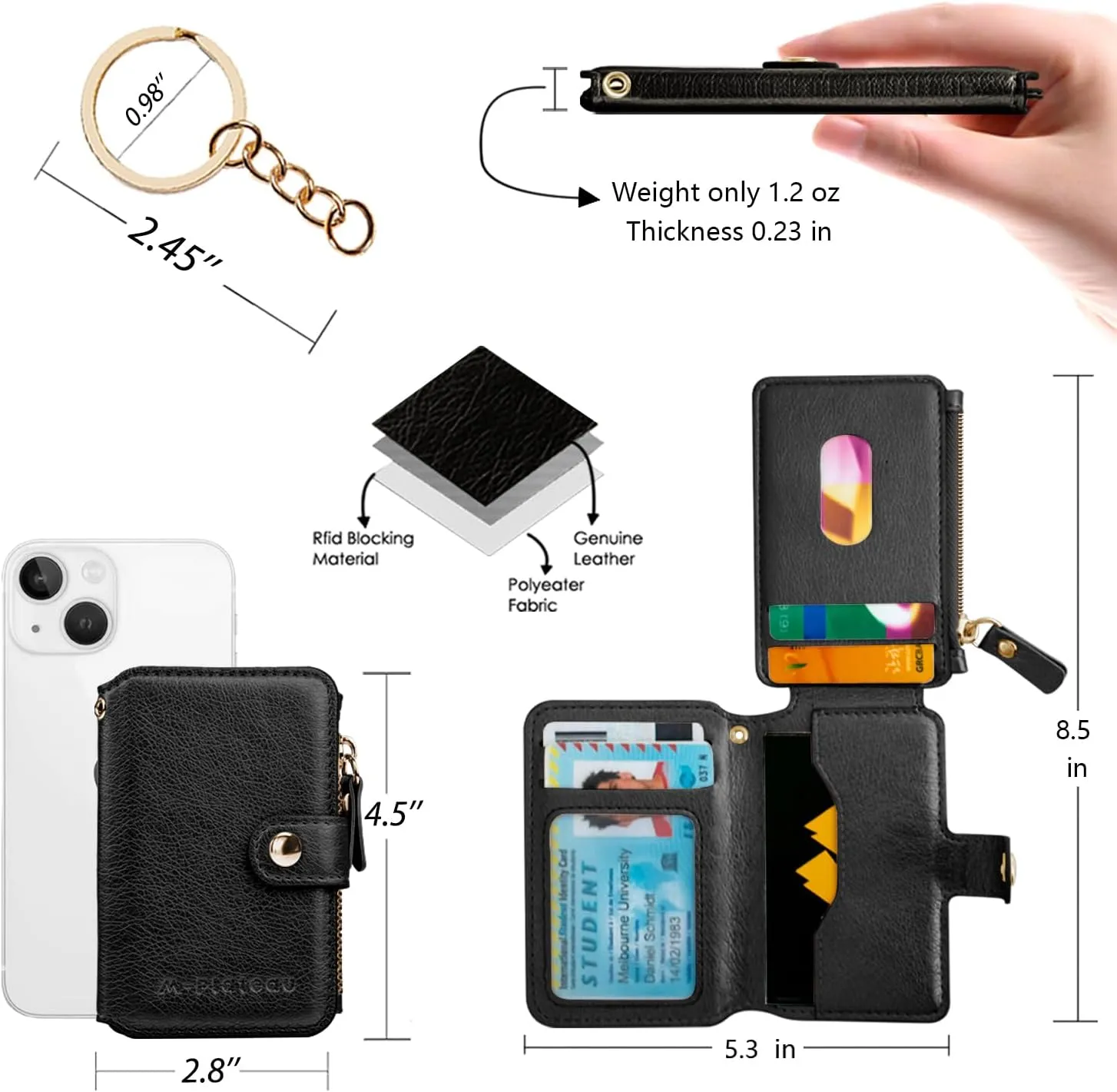 M-Plateau Women's Wallets, Leather Mini Wallet with Key Ring, Practical Small Wallet for Women & Man with Credit Card Holder for Travelling (Black)