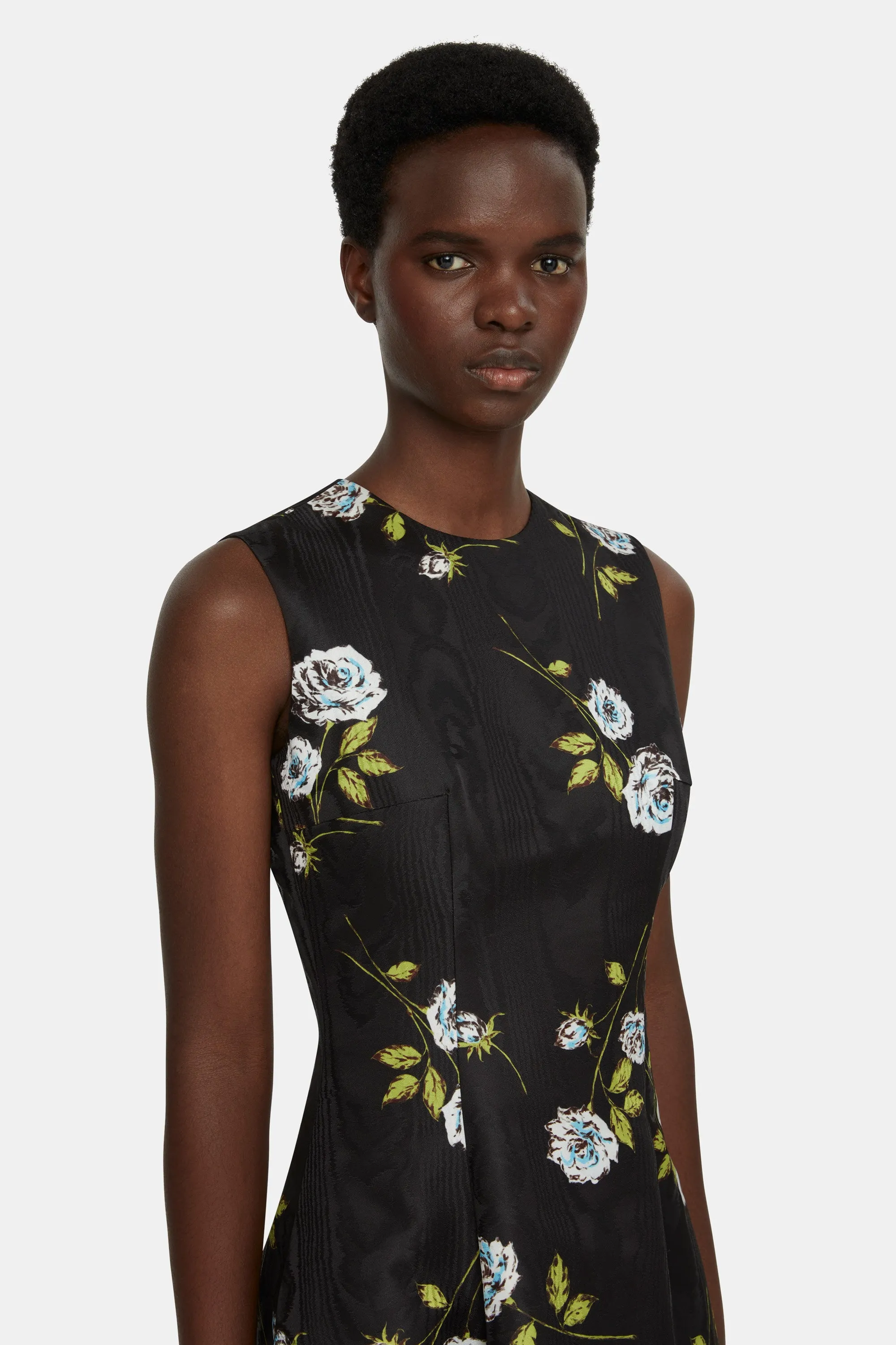 Mara Dress in Floral Printed Rose Stems on Black Moire