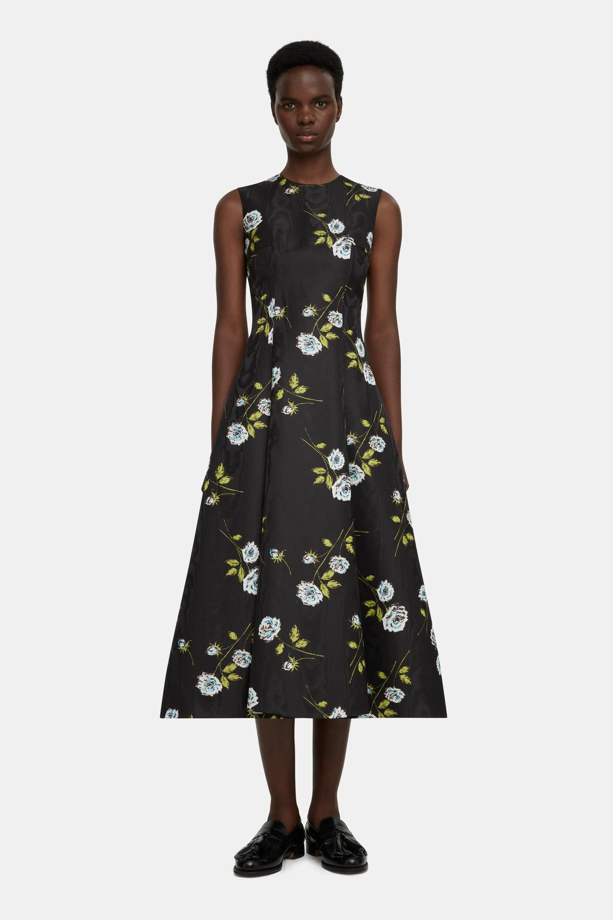 Mara Dress in Floral Printed Rose Stems on Black Moire