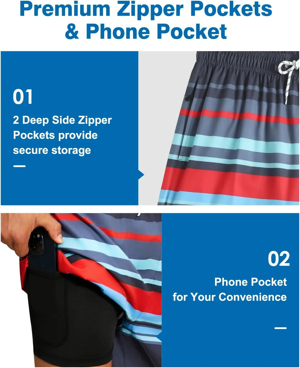 Mens Swim Trunks with Compression Liner Quick Dry Beach Shorts with Zipper Pockets