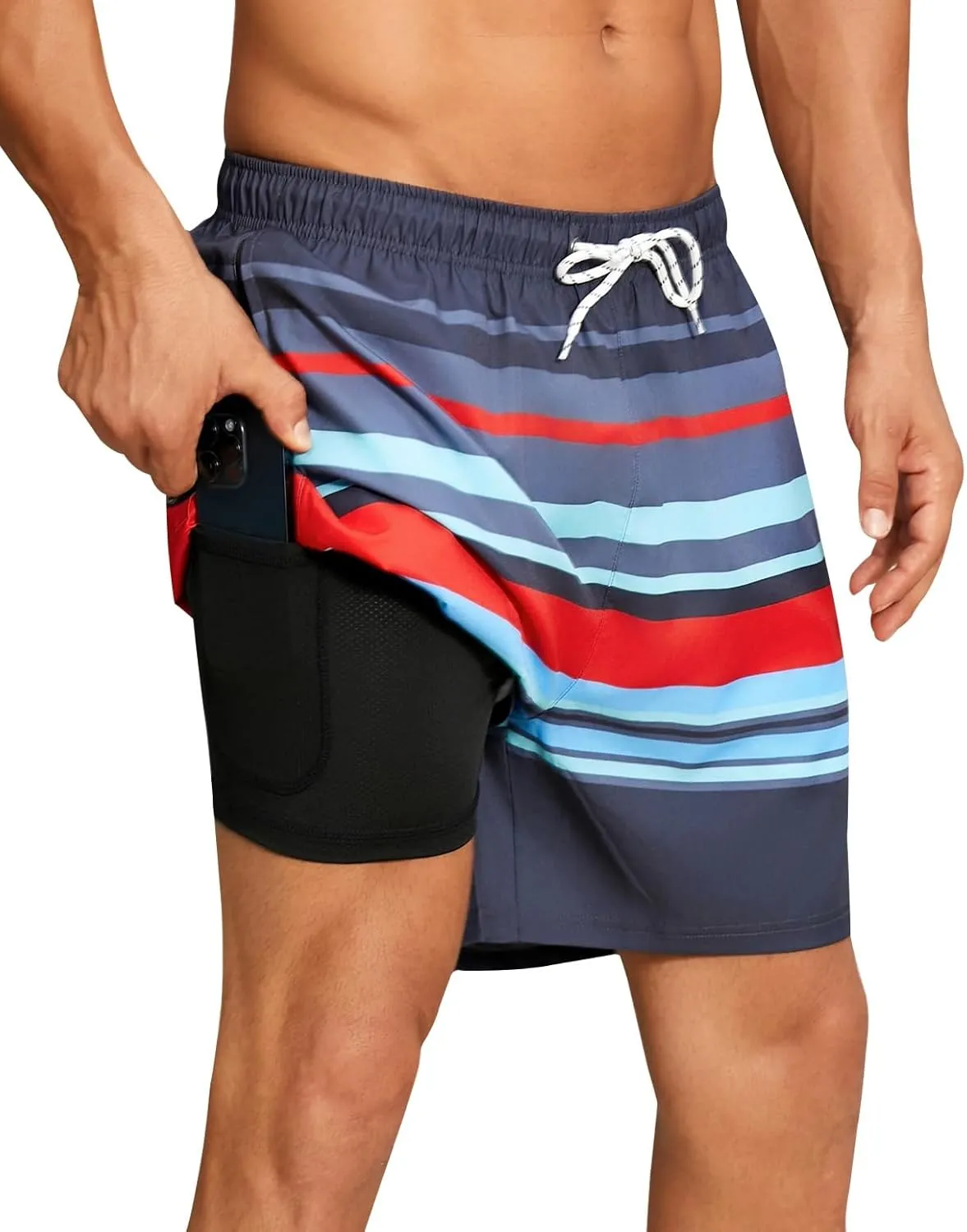 Mens Swim Trunks with Compression Liner Quick Dry Beach Shorts with Zipper Pockets