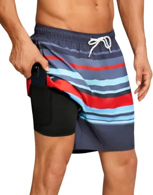 Mens Swim Trunks with Compression Liner Quick Dry Beach Shorts with Zipper Pockets