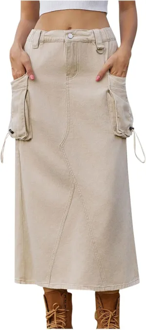 Midi Cargo Skirts for Women Casual High Waist Stretch Button Denim Skirts Trendy Pencil Skirt with Multi Pockets