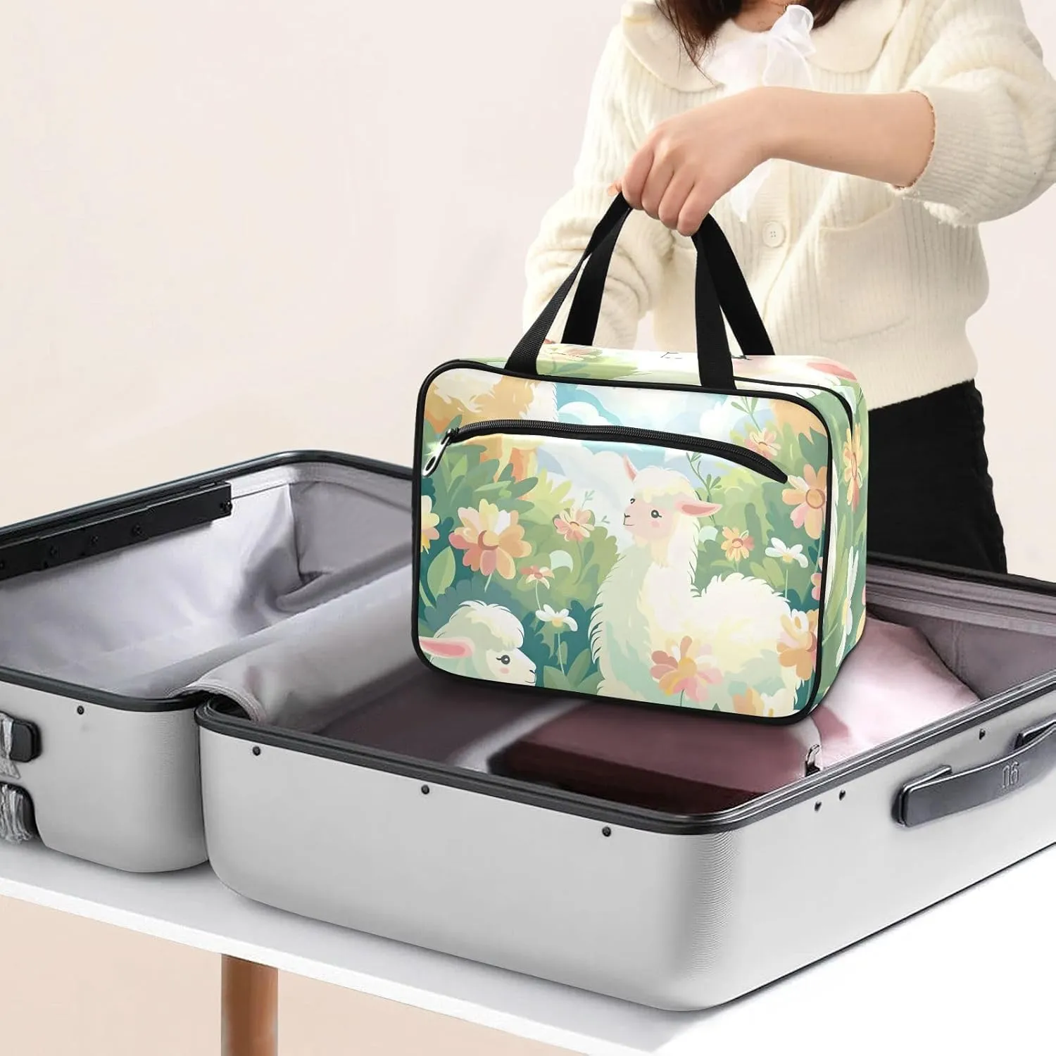MUKJHOI Hanging Travel Toiletry Bag  4 Zippered Compartments, Transparent Organizer, Compact & Water-Resistant for Gym, Camping, Hotel  Alpaca (10)