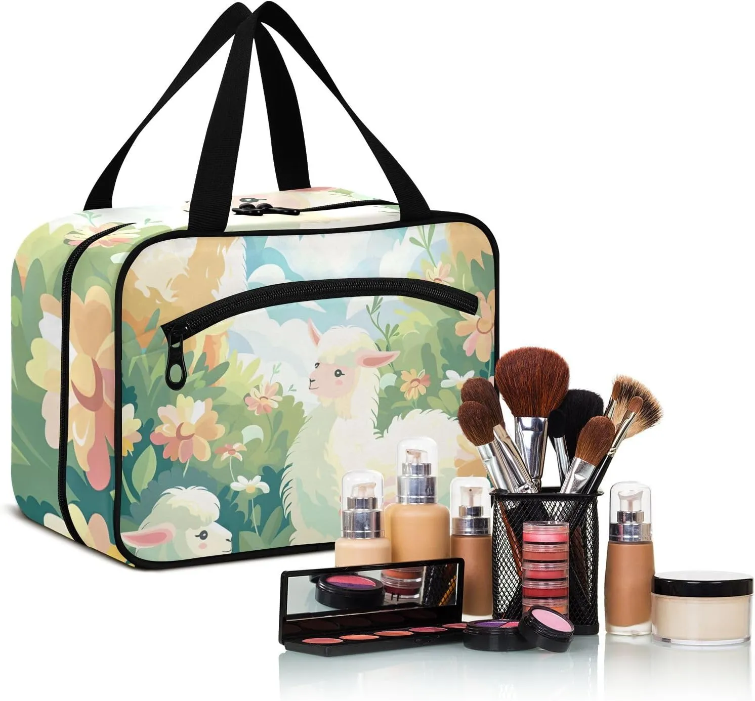 MUKJHOI Hanging Travel Toiletry Bag  4 Zippered Compartments, Transparent Organizer, Compact & Water-Resistant for Gym, Camping, Hotel  Alpaca (10)