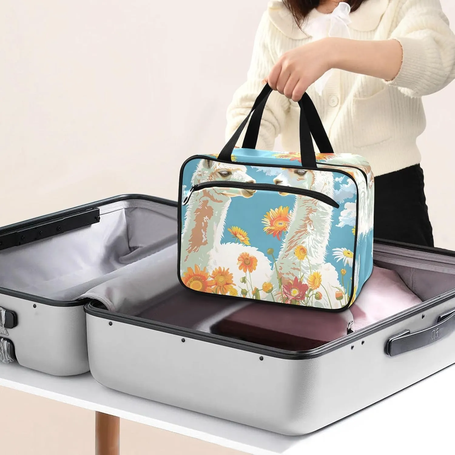 MUKJHOI Hanging Travel Toiletry Bag  4 Zippered Compartments, Transparent Organizer, Compact & Water-Resistant for Gym, Camping, Hotel  Alpaca (11)