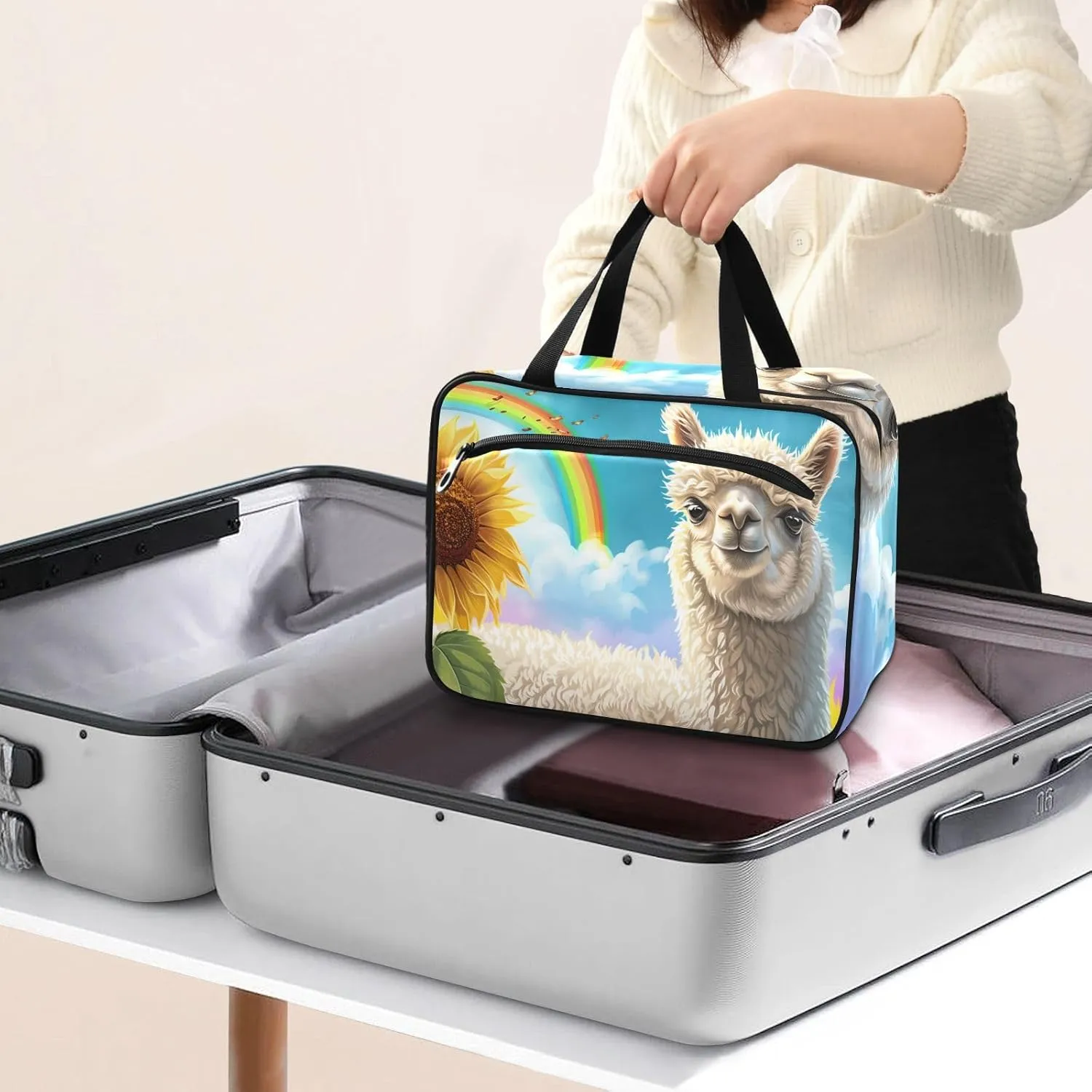 MUKJHOI Hanging Travel Toiletry Bag  4 Zippered Compartments, Transparent Organizer, Compact & Water-Resistant for Gym, Camping, Hotel  Alpaca (12)