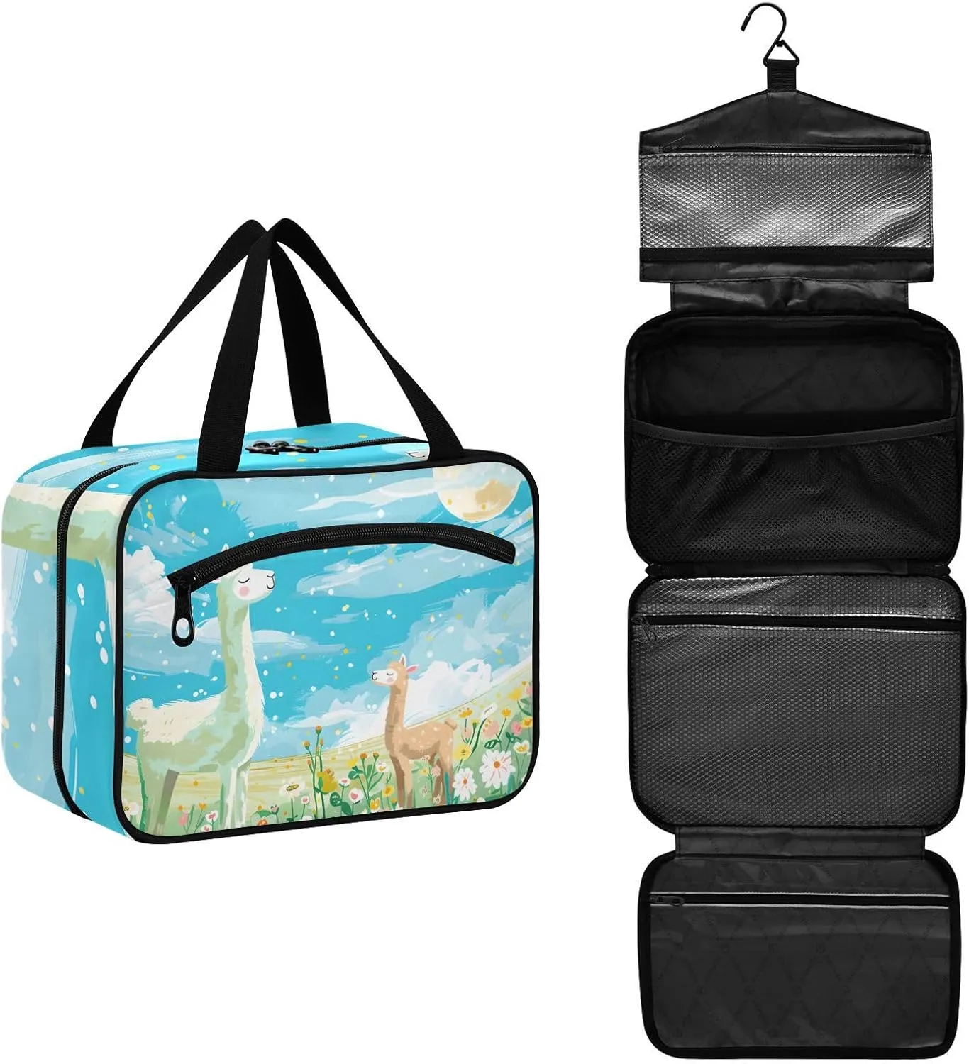 MUKJHOI Hanging Travel Toiletry Bag  4 Zippered Compartments, Transparent Organizer, Compact & Water-Resistant for Gym, Camping, Hotel  Alpaca (1)
