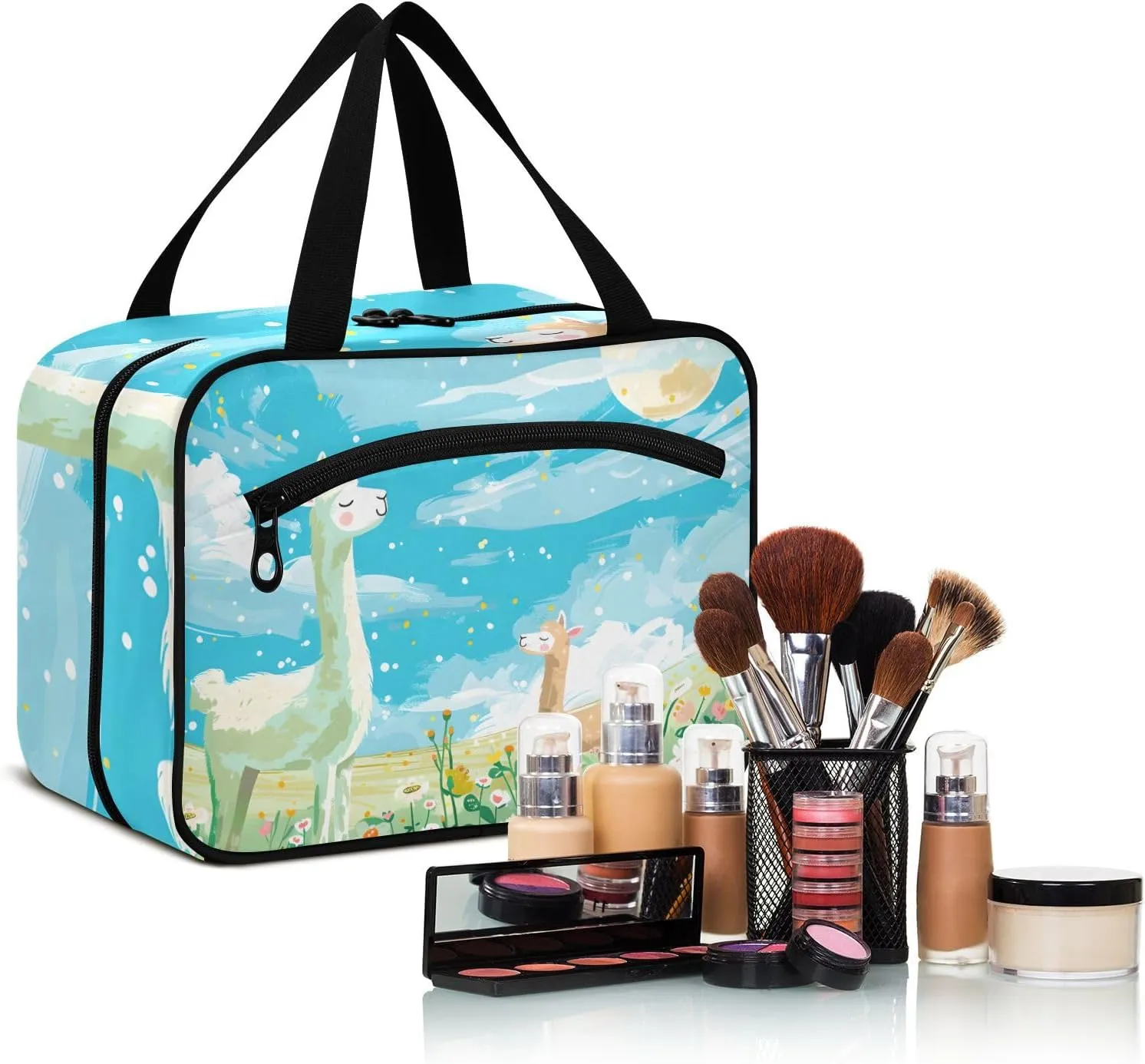 MUKJHOI Hanging Travel Toiletry Bag  4 Zippered Compartments, Transparent Organizer, Compact & Water-Resistant for Gym, Camping, Hotel  Alpaca (1)