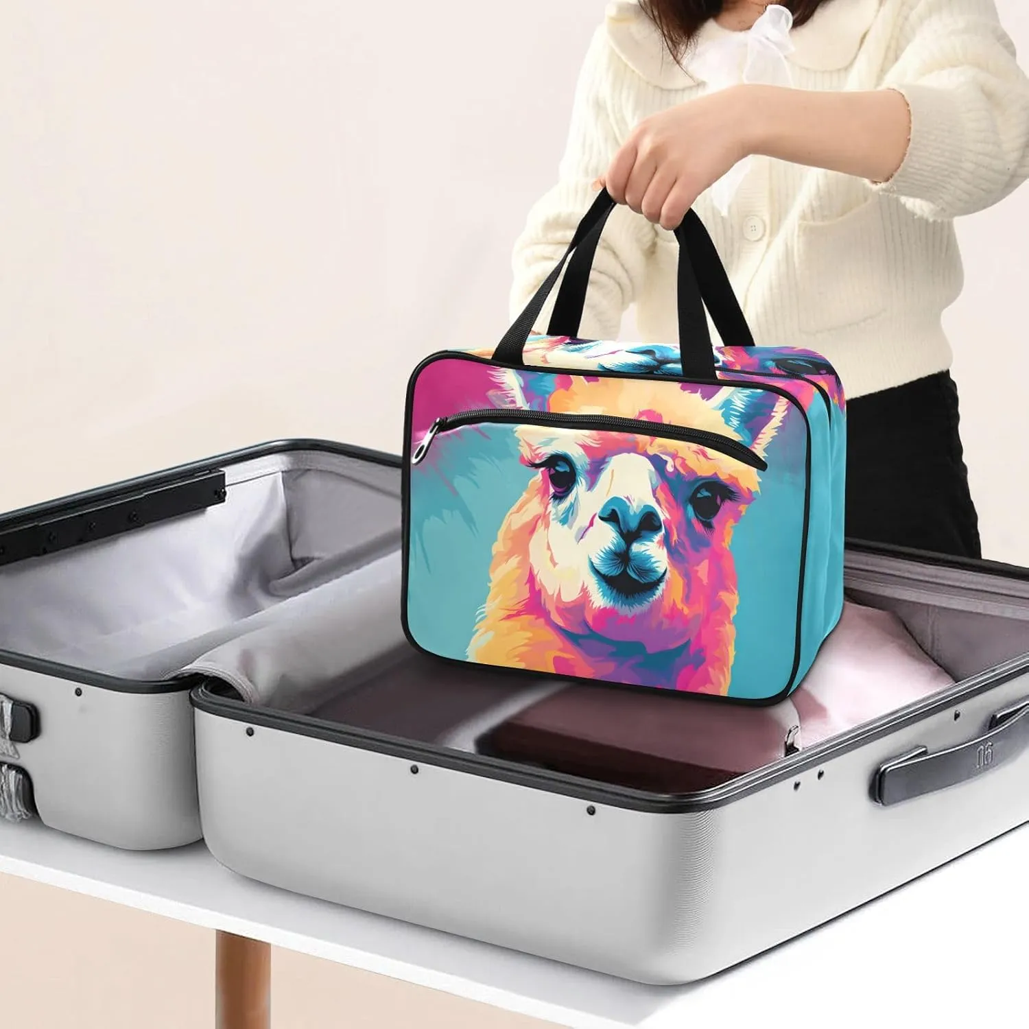 MUKJHOI Hanging Travel Toiletry Bag  4 Zippered Compartments, Transparent Organizer, Compact & Water-Resistant for Gym, Camping, Hotel  Alpaca (4)