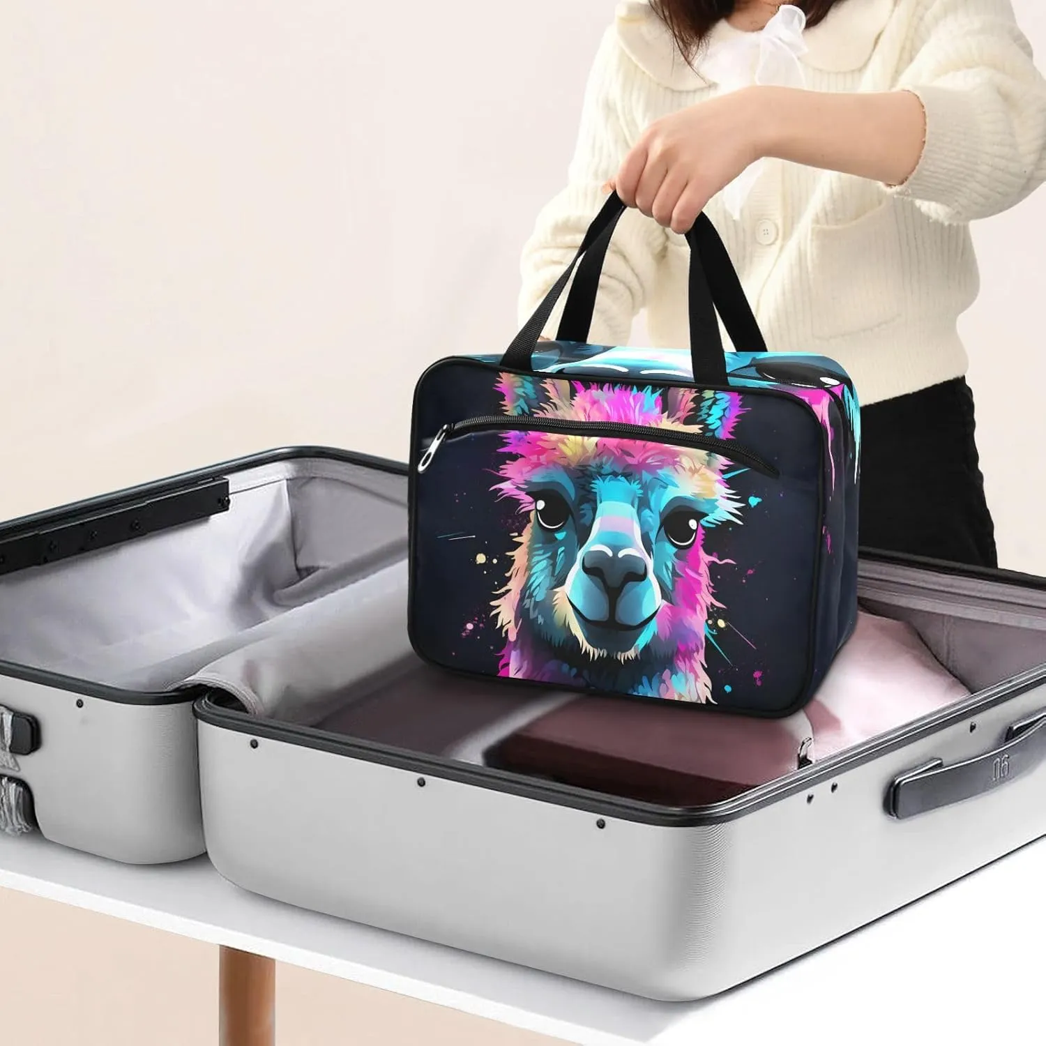 MUKJHOI Hanging Travel Toiletry Bag  4 Zippered Compartments, Transparent Organizer, Compact & Water-Resistant for Gym, Camping, Hotel  Alpaca (5)