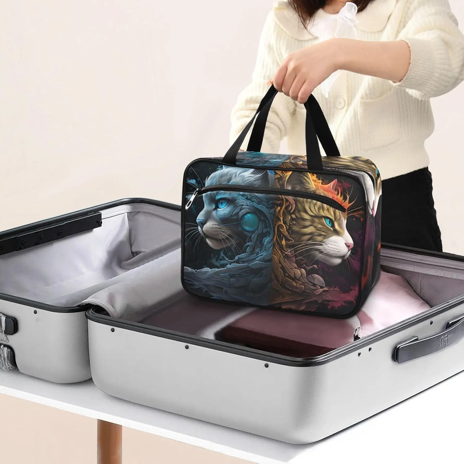 MUKJHOI Hanging Travel Toiletry Bag  4 Zippered Compartments, Transparent Organizer, Compact & Water-Resistant for Gym, Camping, Hotel  Cat (48)