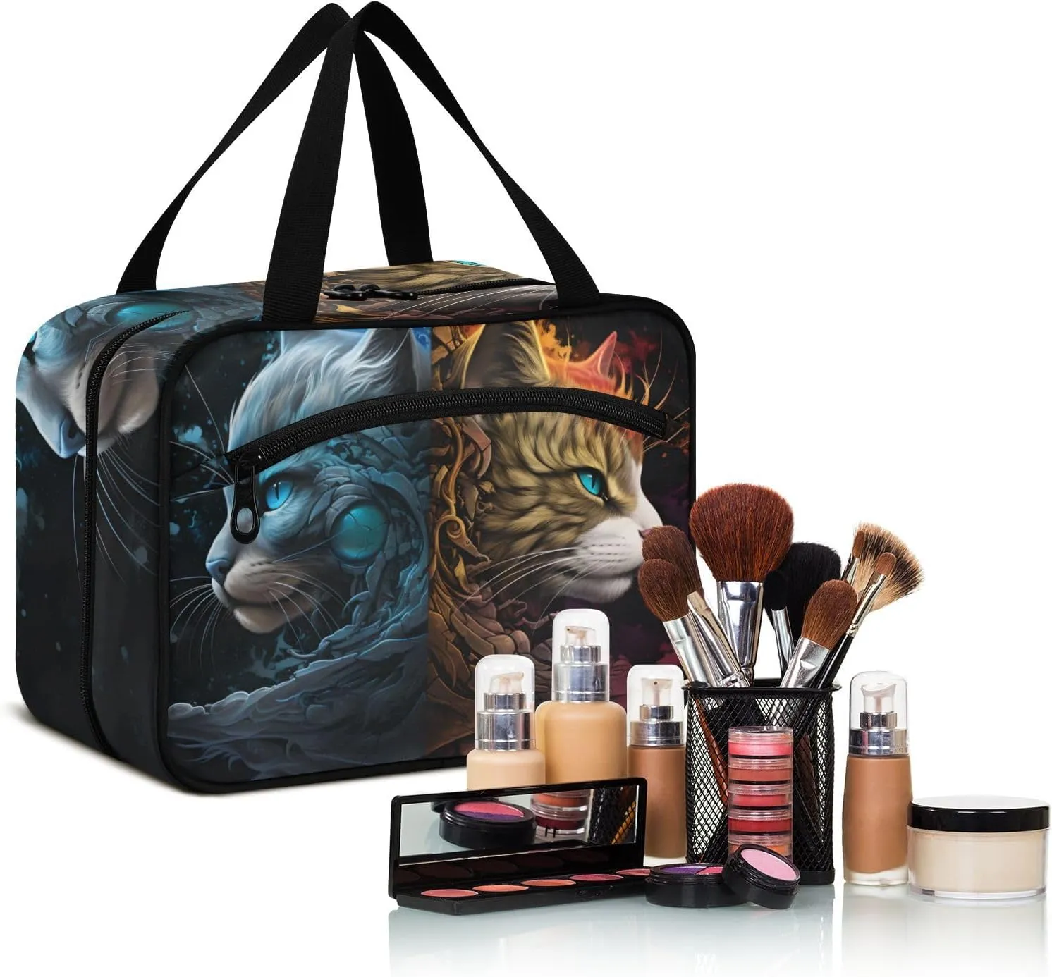 MUKJHOI Hanging Travel Toiletry Bag  4 Zippered Compartments, Transparent Organizer, Compact & Water-Resistant for Gym, Camping, Hotel  Cat (48)