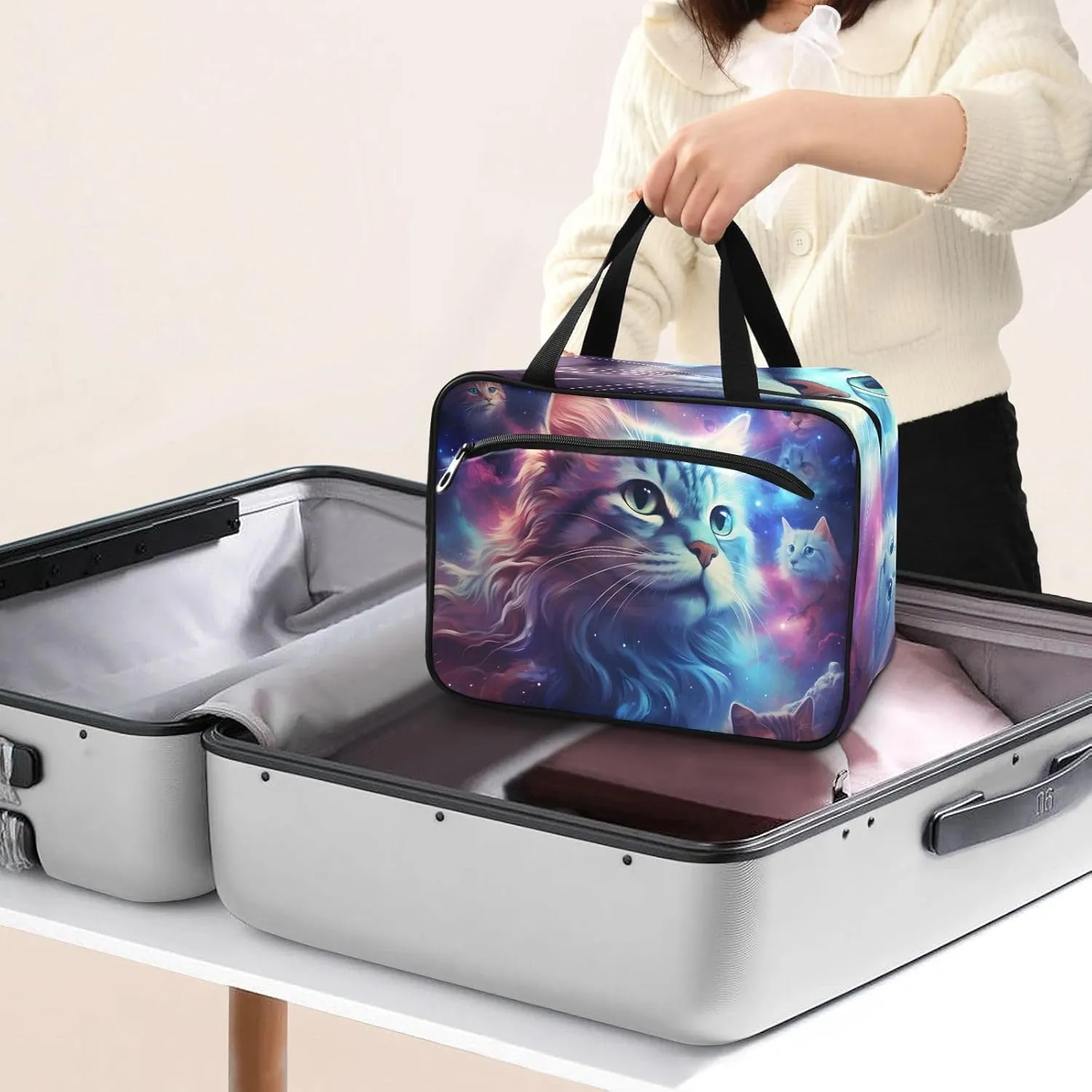 MUKJHOI Hanging Travel Toiletry Bag  4 Zippered Compartments, Transparent Organizer, Compact & Water-Resistant for Gym, Camping, Hotel  Cat (8)