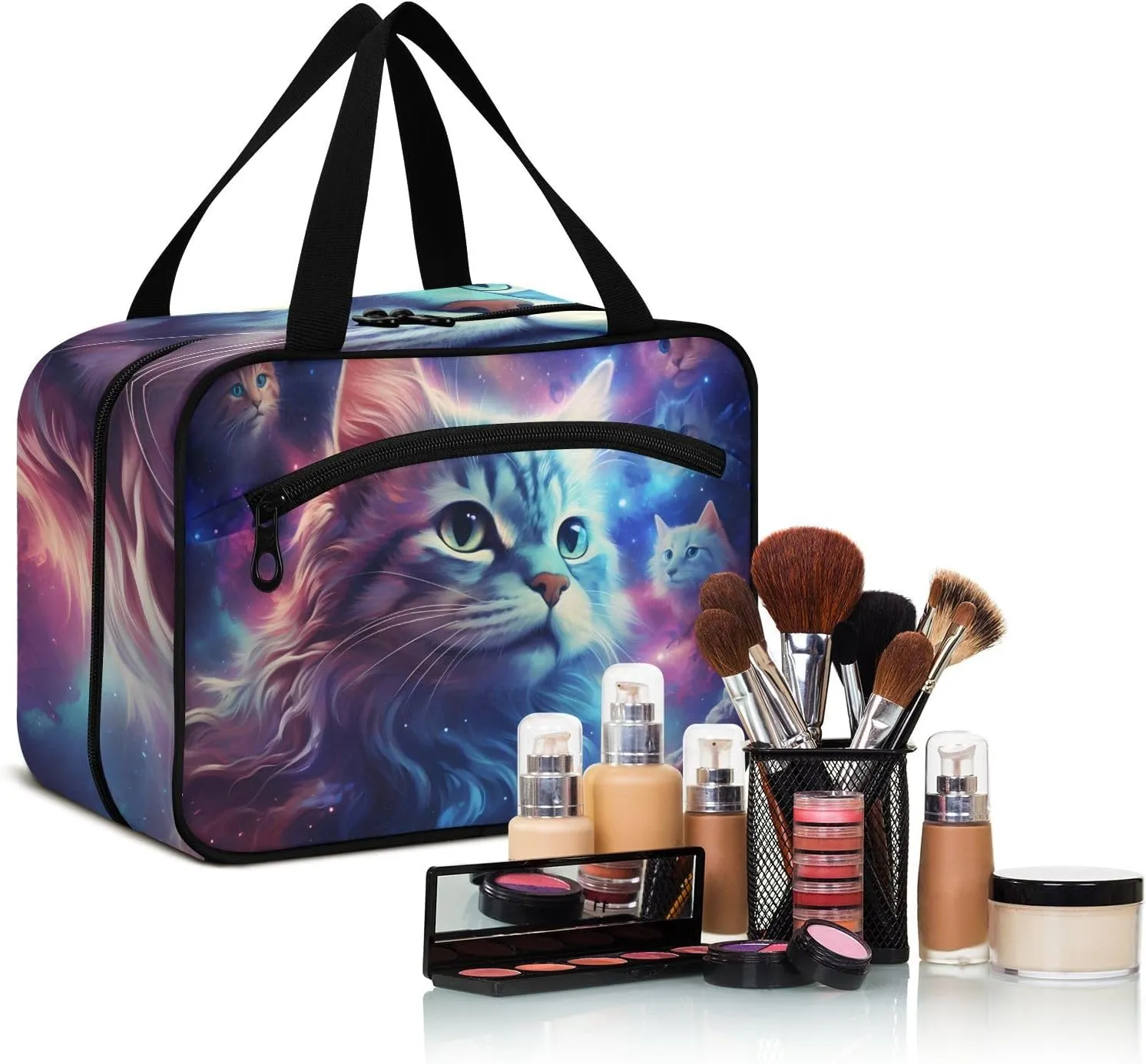MUKJHOI Hanging Travel Toiletry Bag  4 Zippered Compartments, Transparent Organizer, Compact & Water-Resistant for Gym, Camping, Hotel  Cat (8)