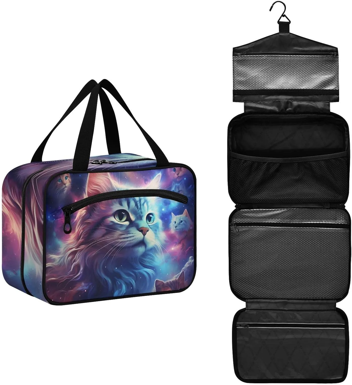 MUKJHOI Hanging Travel Toiletry Bag  4 Zippered Compartments, Transparent Organizer, Compact & Water-Resistant for Gym, Camping, Hotel  Cat (8)
