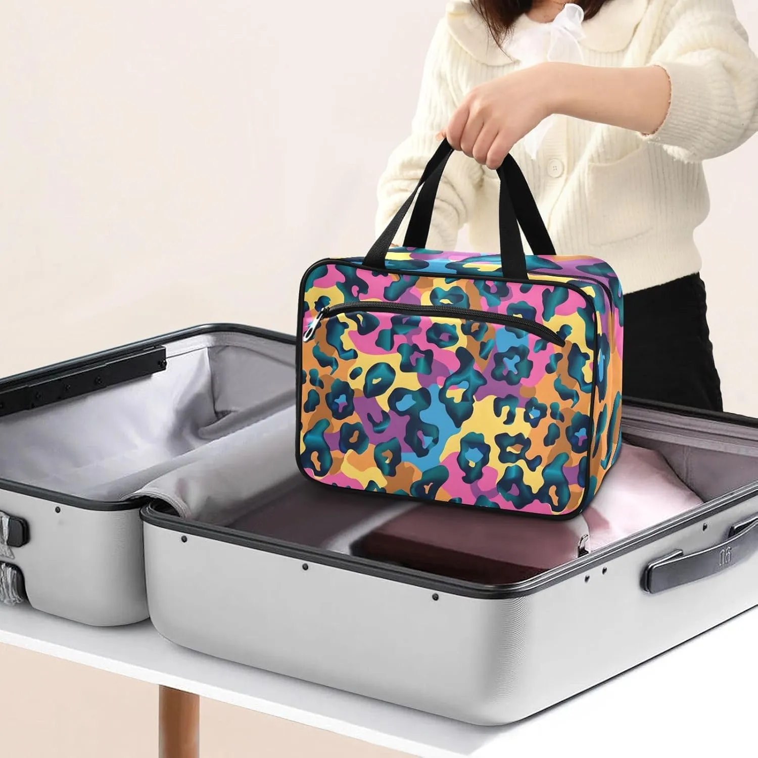 MUKJHOI Hanging Travel Toiletry Bag  4 Zippered Compartments, Transparent Organizer, Compact & Water-Resistant for Gym, Camping, Hotel  Cheetah (11)