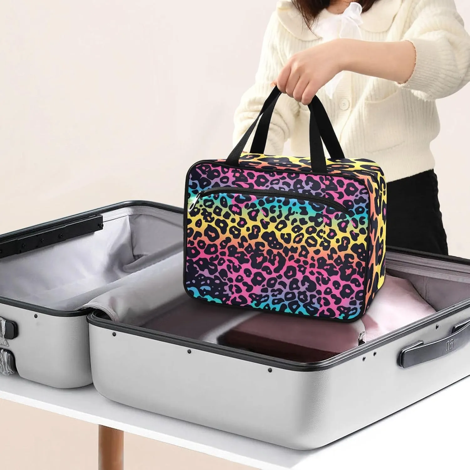MUKJHOI Hanging Travel Toiletry Bag  4 Zippered Compartments, Transparent Organizer, Compact & Water-Resistant for Gym, Camping, Hotel  Cheetah (21)