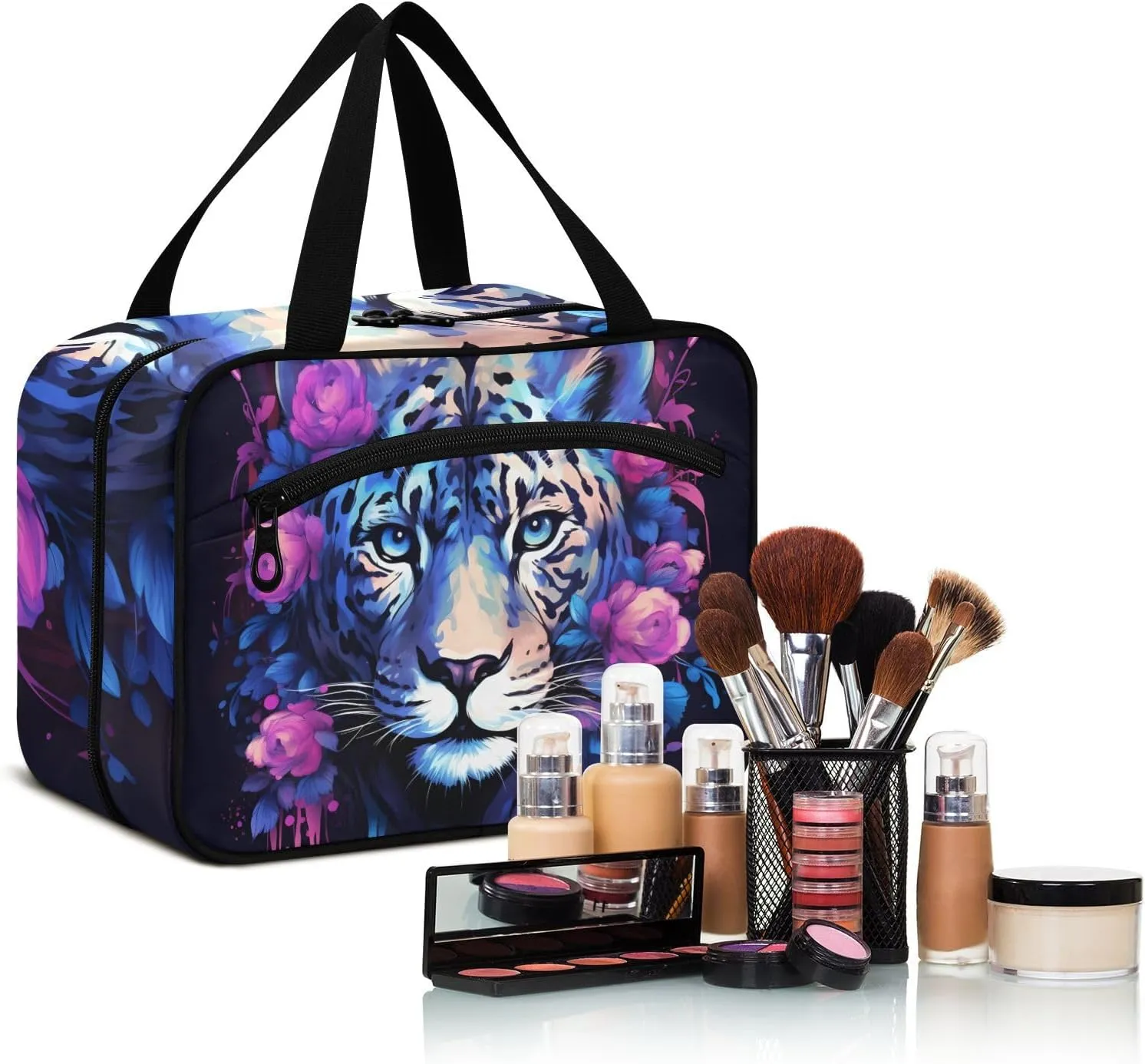MUKJHOI Hanging Travel Toiletry Bag  4 Zippered Compartments, Transparent Organizer, Compact & Water-Resistant for Gym, Camping, Hotel  Rose Cheetah (1)