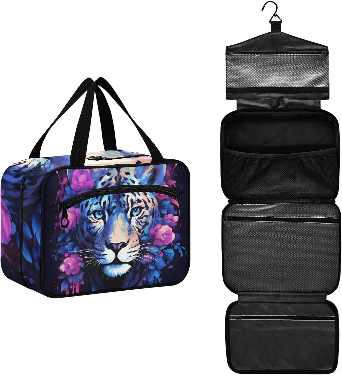 MUKJHOI Hanging Travel Toiletry Bag  4 Zippered Compartments, Transparent Organizer, Compact & Water-Resistant for Gym, Camping, Hotel  Rose Cheetah (1)