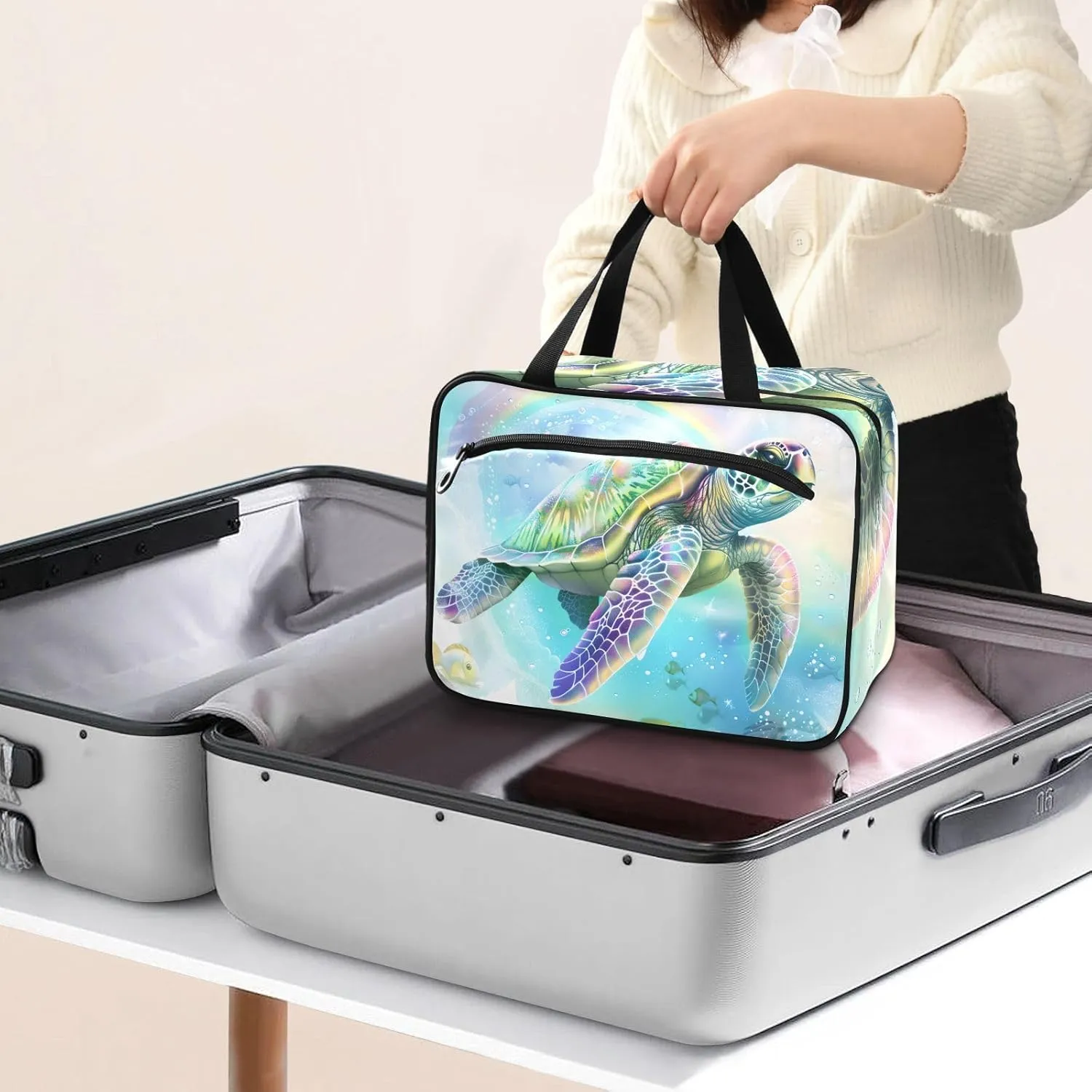 MUKJHOI Hanging Travel Toiletry Bag  4 Zippered Compartments, Transparent Organizer, Compact & Water-Resistant for Gym, Camping, Hotel  Sea Turtle (12)