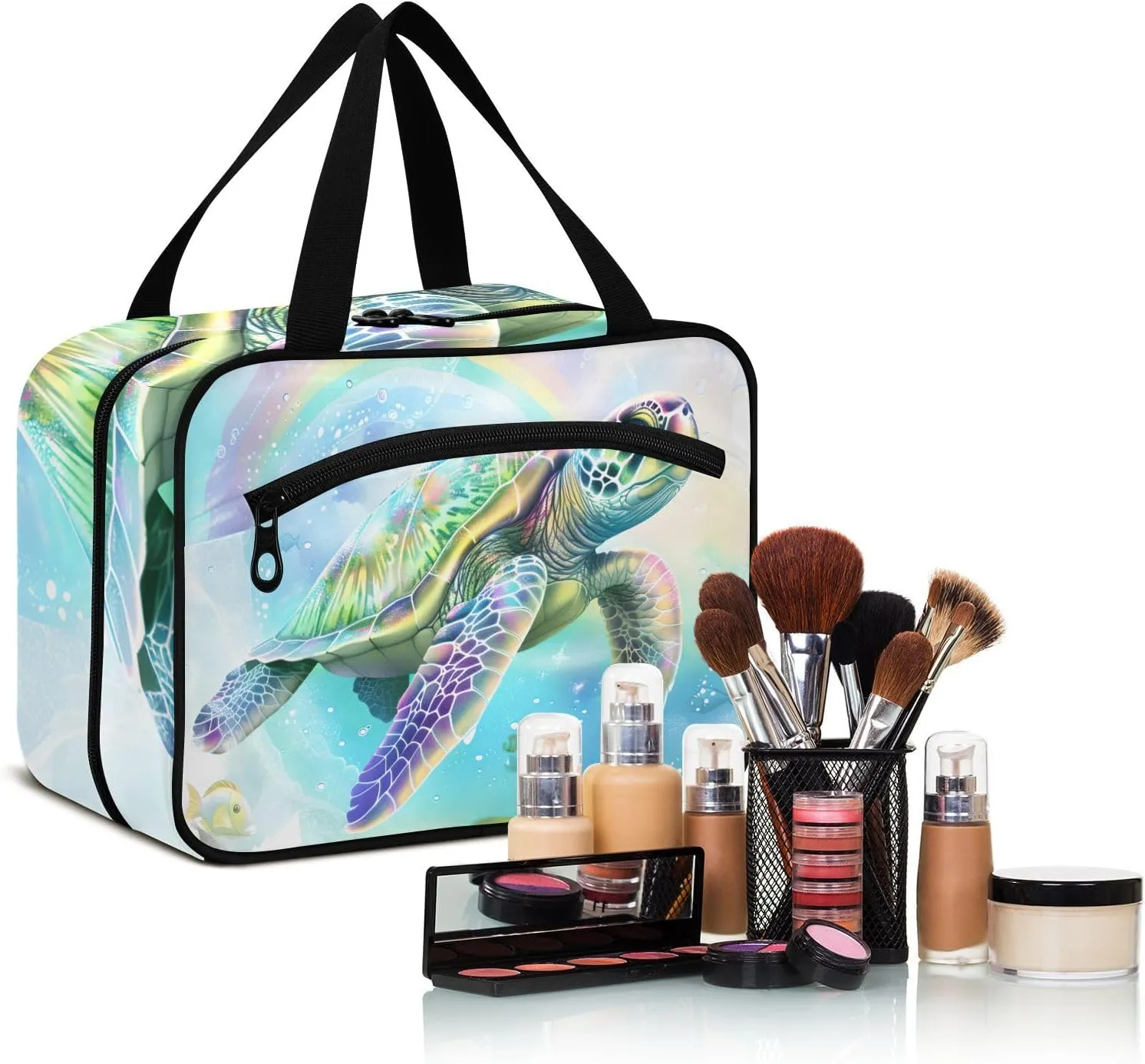 MUKJHOI Hanging Travel Toiletry Bag  4 Zippered Compartments, Transparent Organizer, Compact & Water-Resistant for Gym, Camping, Hotel  Sea Turtle (12)