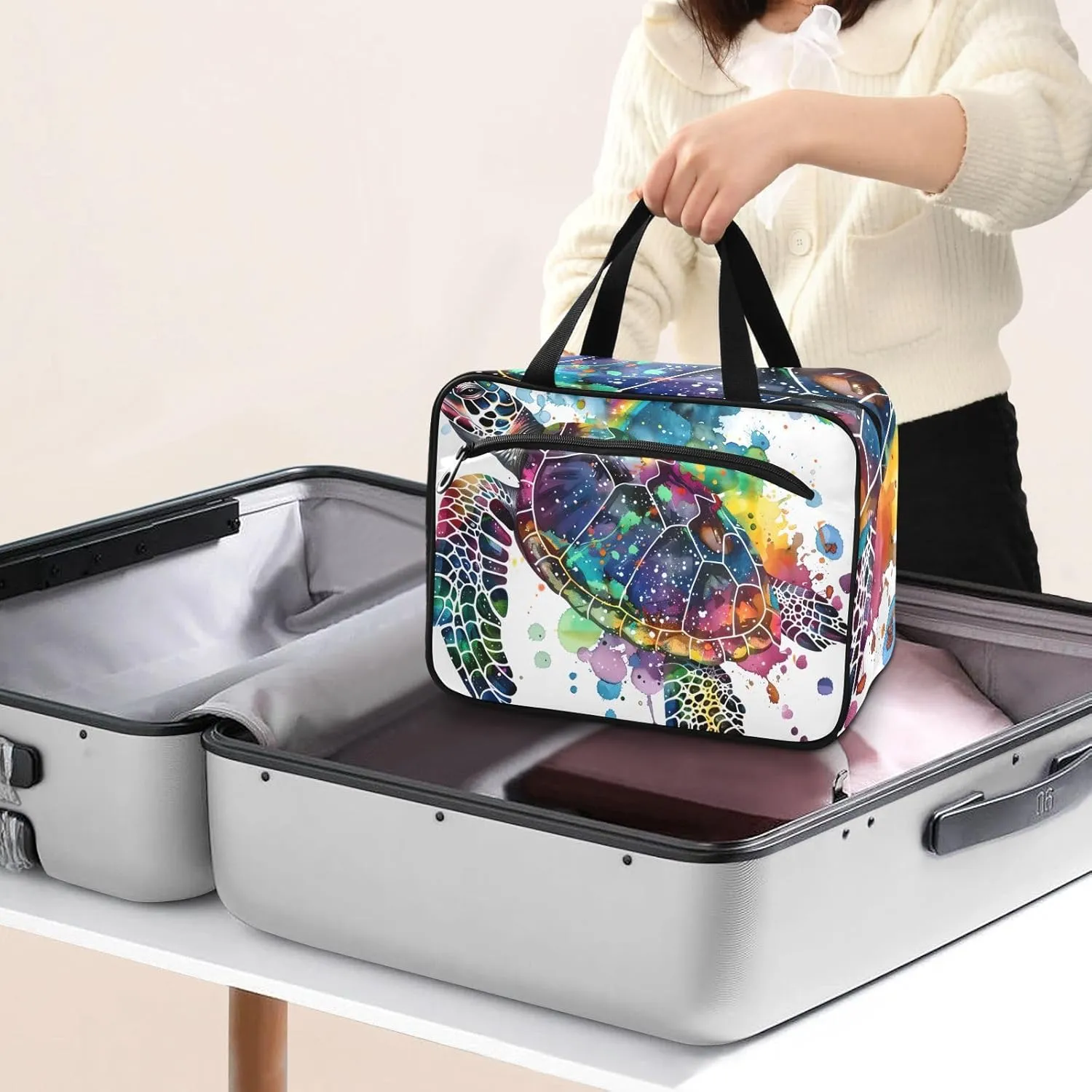 MUKJHOI Hanging Travel Toiletry Bag  4 Zippered Compartments, Transparent Organizer, Compact & Water-Resistant for Gym, Camping, Hotel  Sea Turtle (9)