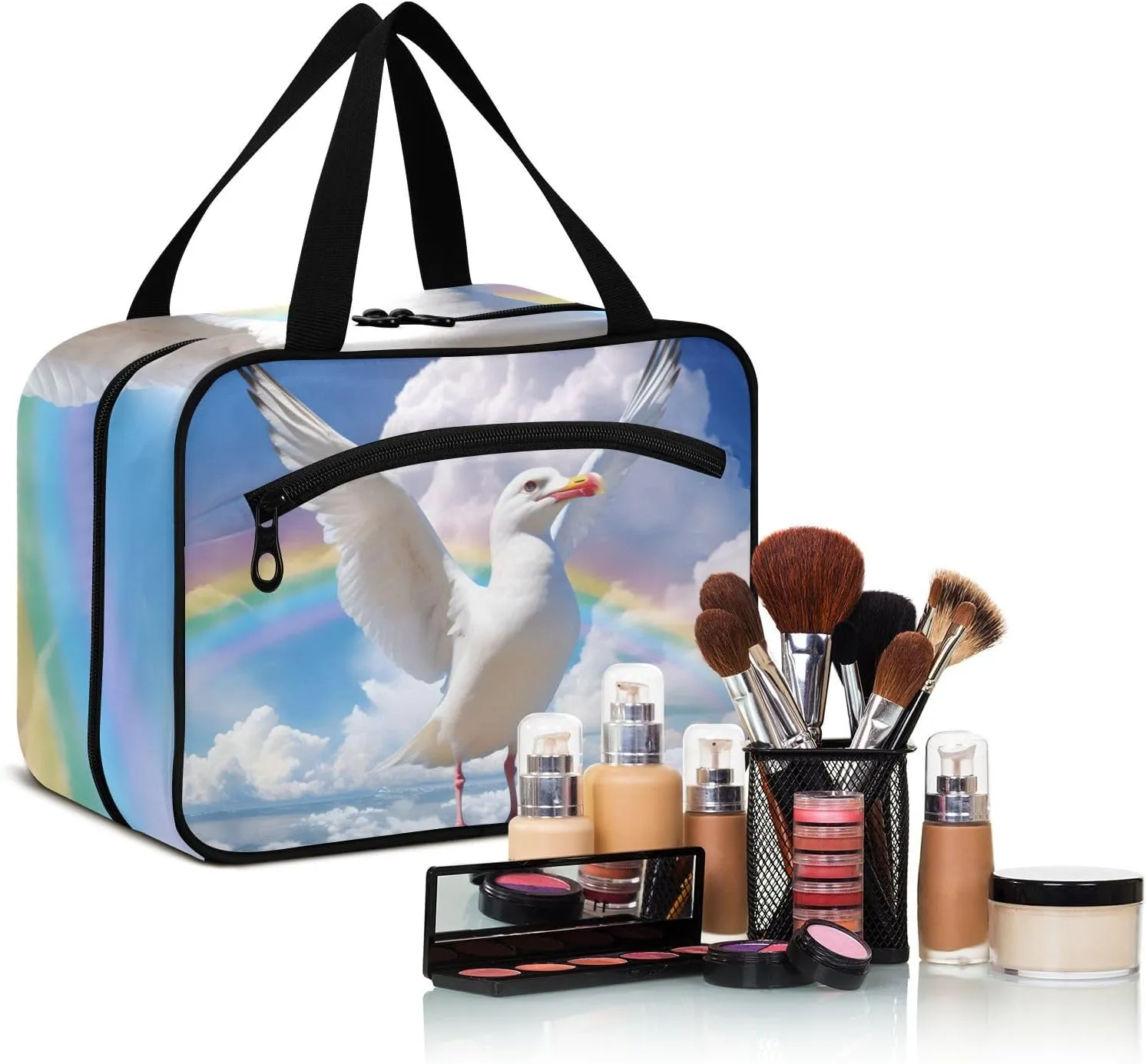 MUKJHOI Hanging Travel Toiletry Bag  4 Zippered Compartments, Transparent Organizer, Compact & Water-Resistant for Gym, Camping, Hotel  Seagull Cloud Rainbow