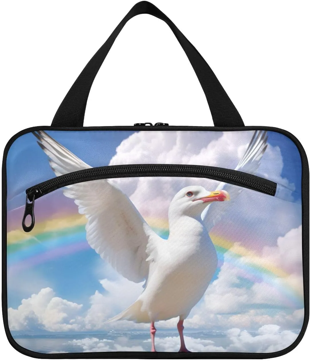 MUKJHOI Hanging Travel Toiletry Bag  4 Zippered Compartments, Transparent Organizer, Compact & Water-Resistant for Gym, Camping, Hotel  Seagull Cloud Rainbow