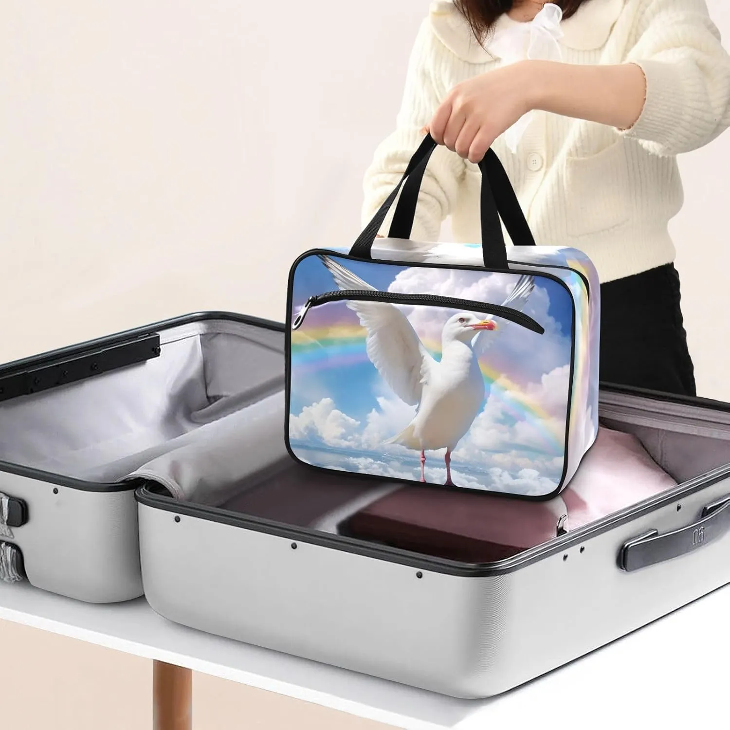 MUKJHOI Hanging Travel Toiletry Bag  4 Zippered Compartments, Transparent Organizer, Compact & Water-Resistant for Gym, Camping, Hotel  Seagull Cloud Rainbow